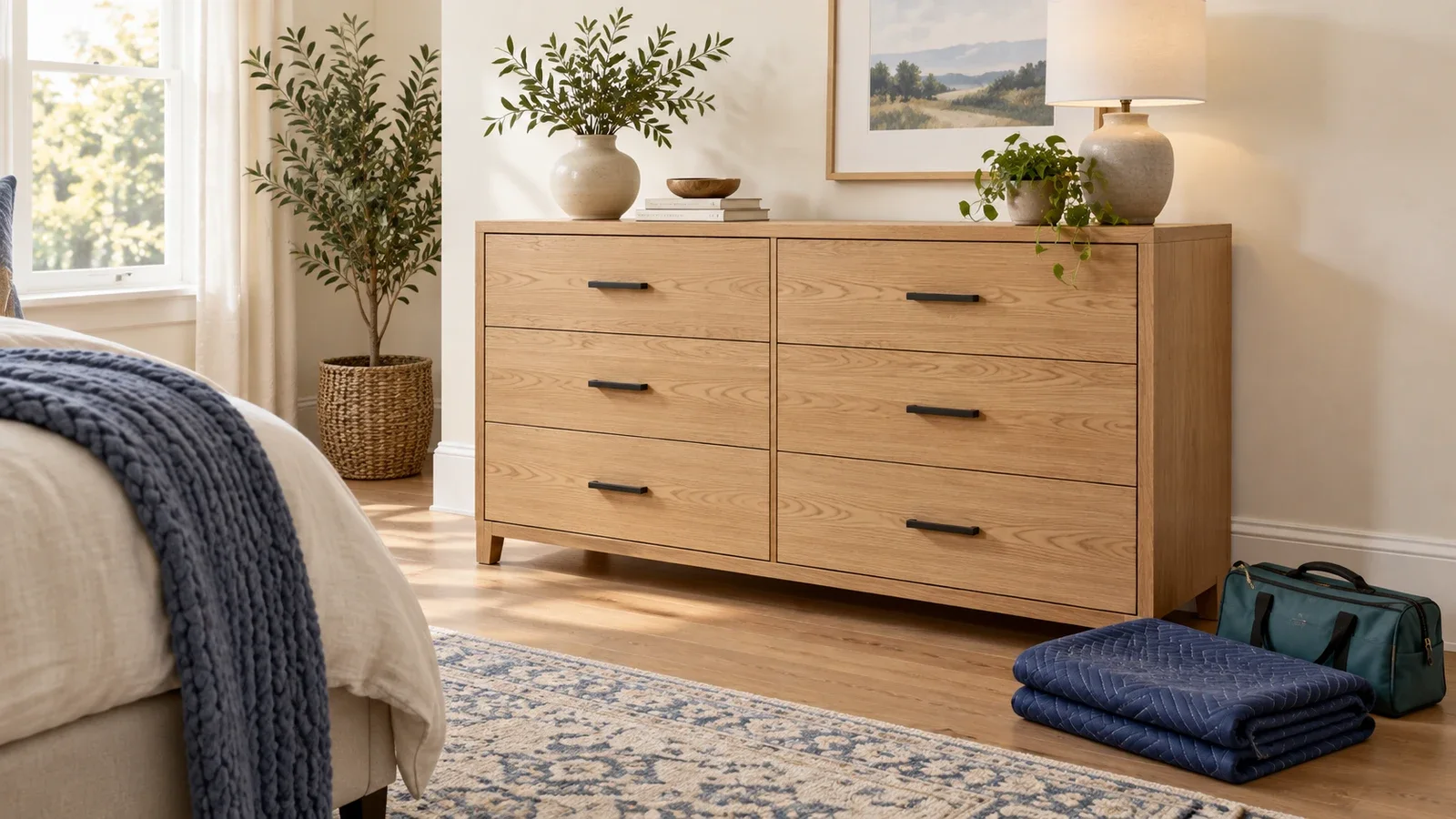 Editorial illustration of a six-drawer oak dresser against a bedroom wall with a folded protective blanket and tool pouch nearby.