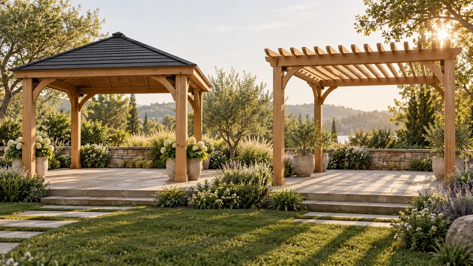 Conceptual comparison of a cedar gazebo with a continuous pitched roof and a cedar pergola with open slats on adjacent patios; not actual UPTask installations.