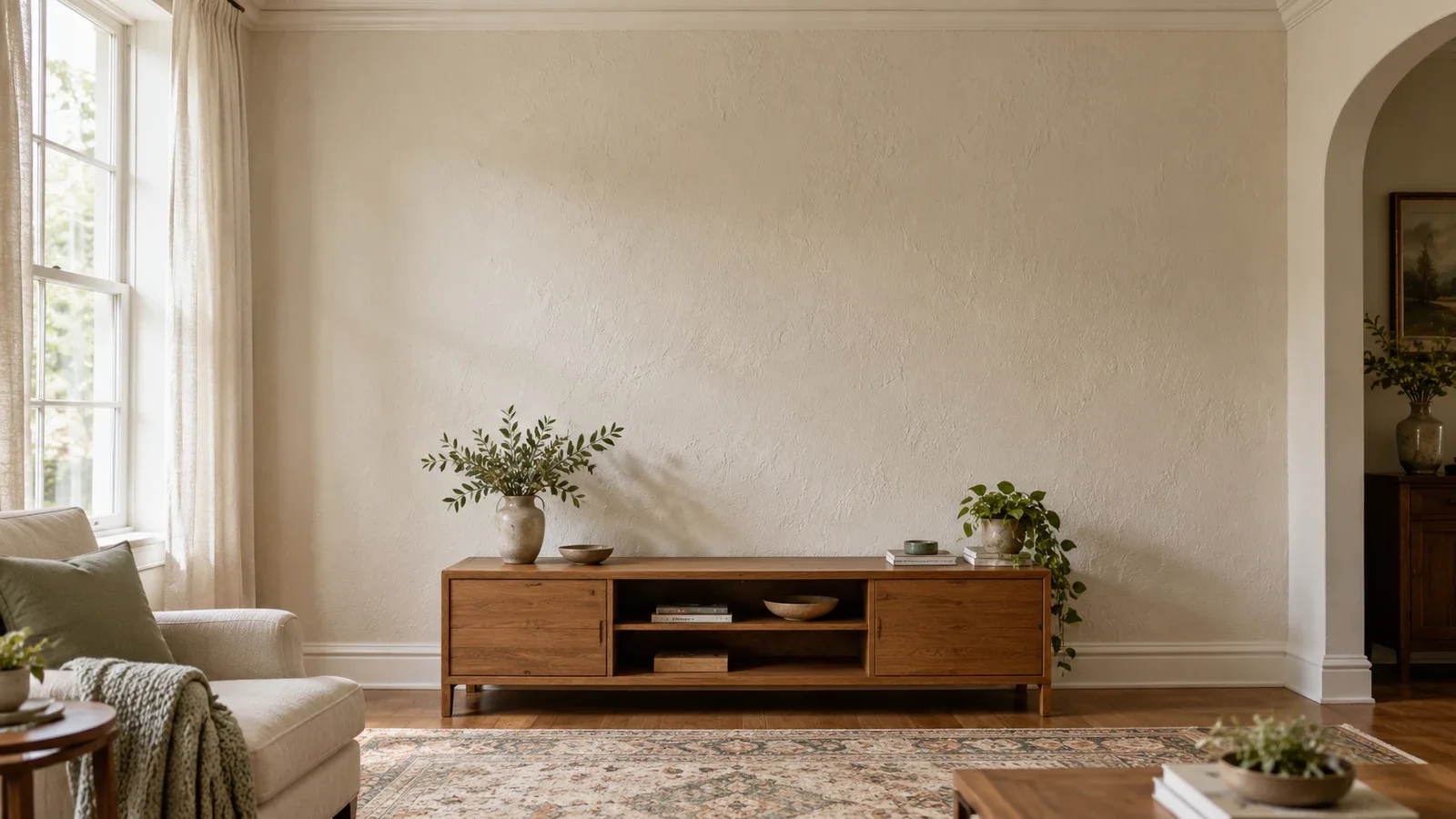 Conceptual living room with a gently textured plaster wall, traditional trim and an empty oak media console, illustrating a location to assess before TV installation.