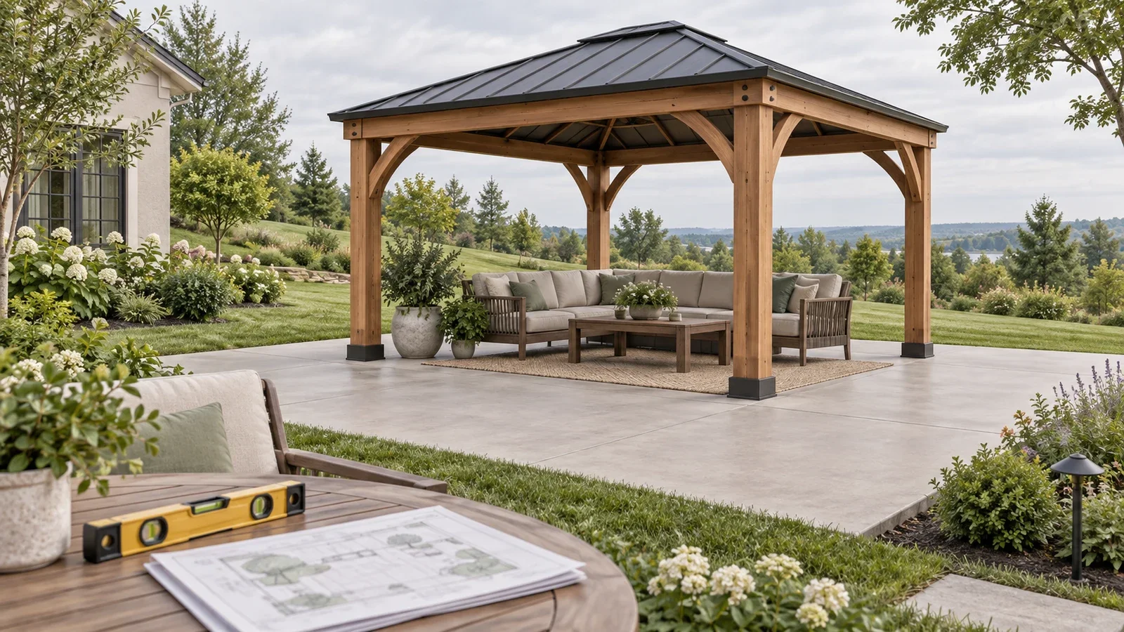 Conceptual illustration of an upright gazebo on a prepared patio in a gently sloping garden, with a spirit level on a foreground table; not a measured UPTask site.