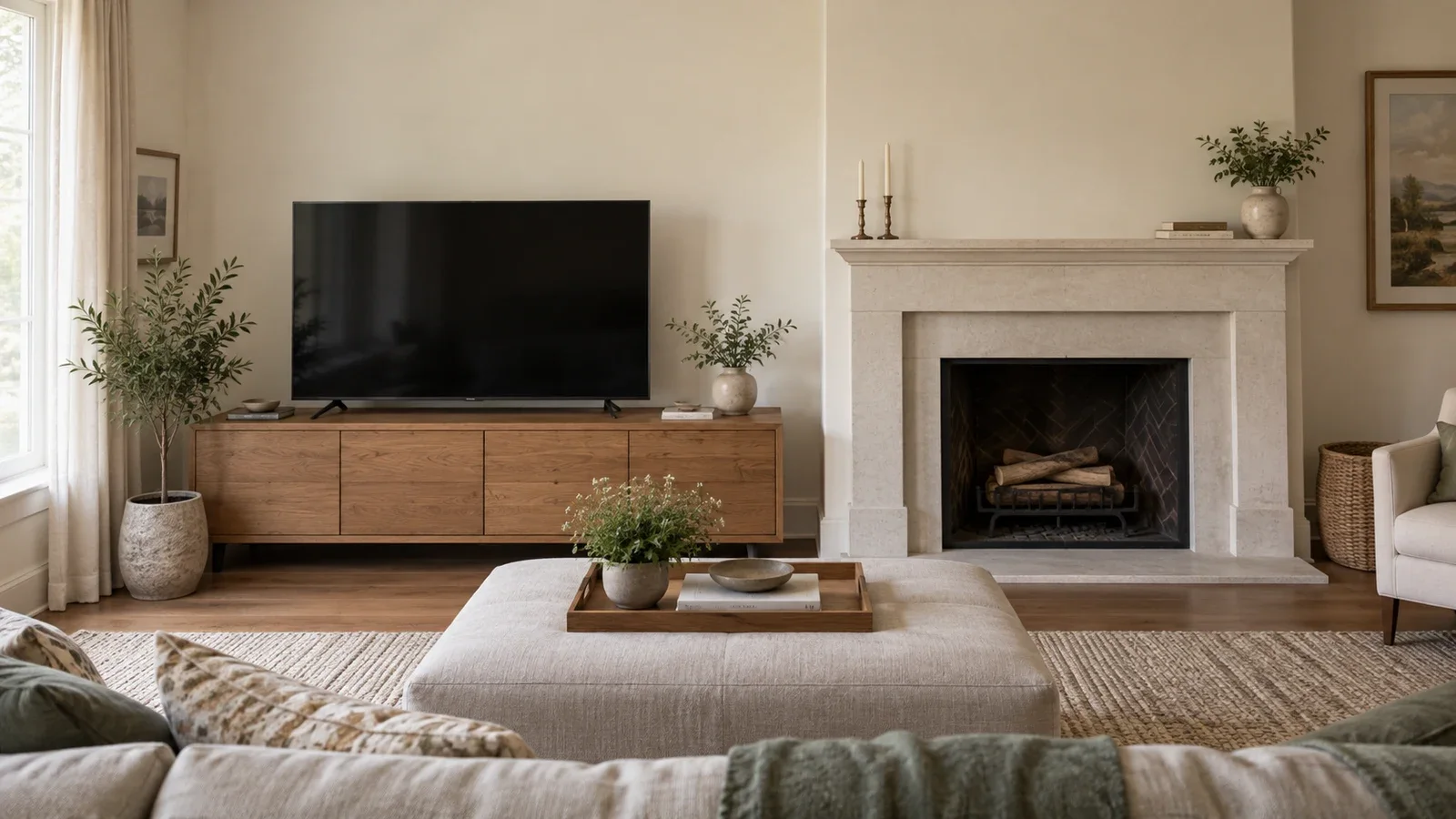 Conceptual living room with an unlit fireplace and a TV on a separate console to its side, illustrating placement choices rather than an approved above-fireplace installation.