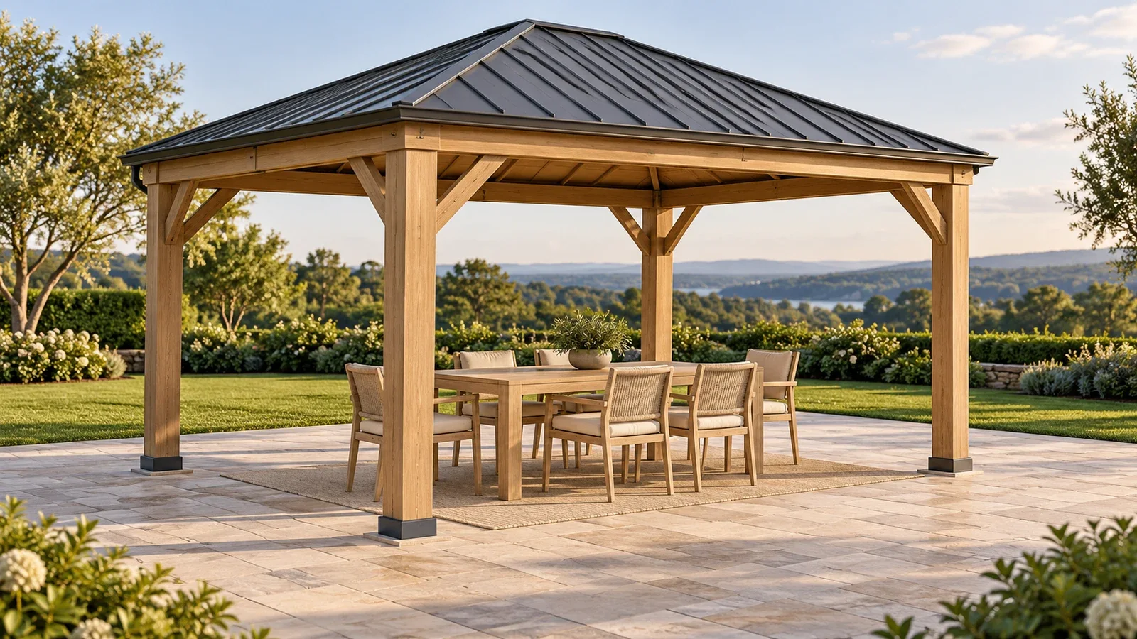 Conceptual illustration of a timber gazebo with a six-chair dining table and open circulation space on a broad patio.