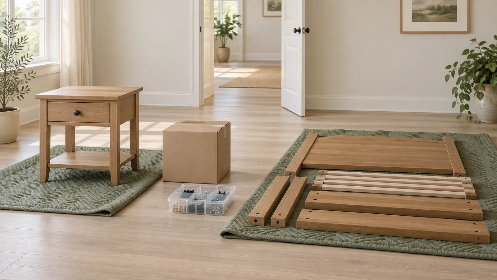 Conceptual illustration of an intact side table beside bed components resting flat on protective blankets, with a divided hardware organizer.
