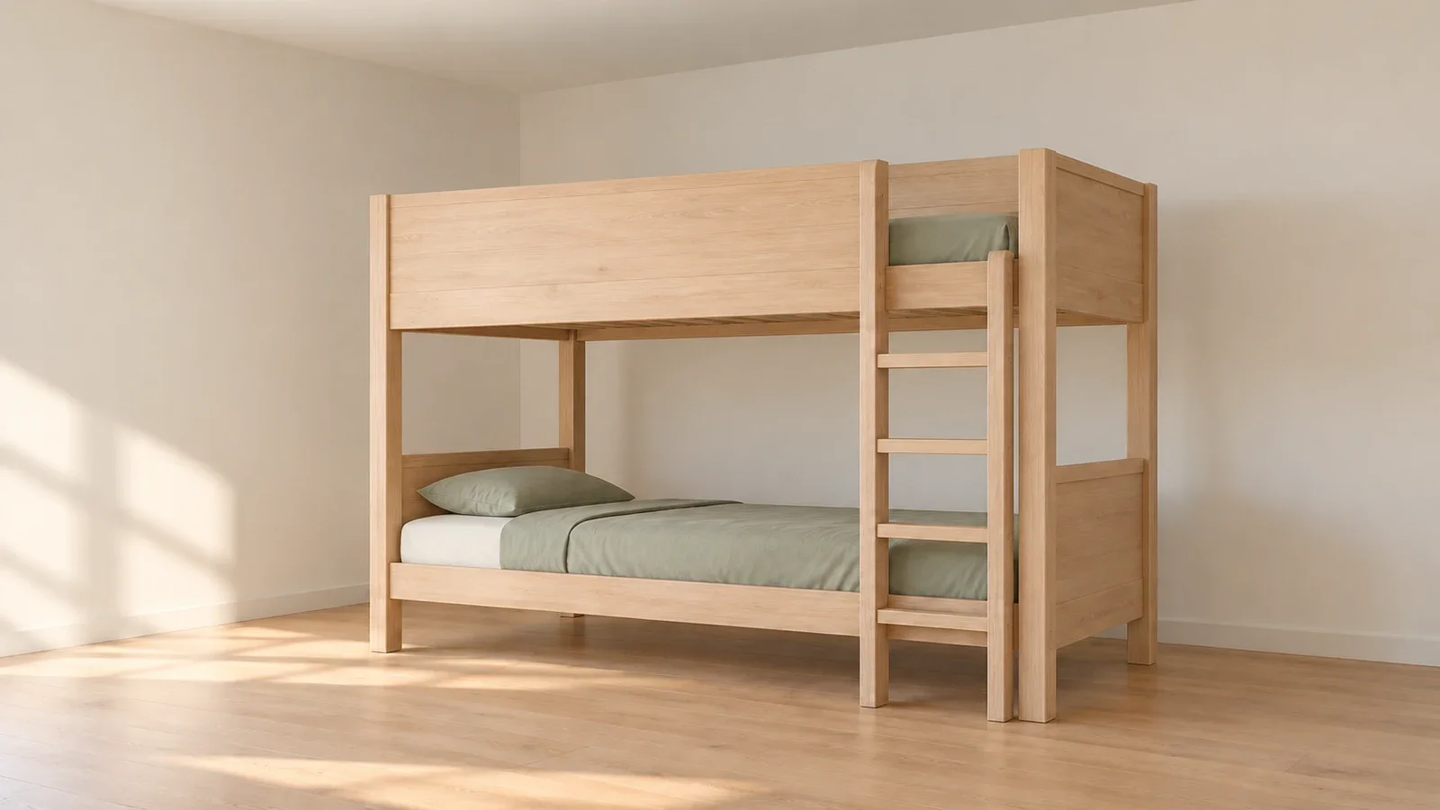 Editorial illustration of a wooden bunk bed with upper guard panels, an attached ladder and open space beneath a flat ceiling.