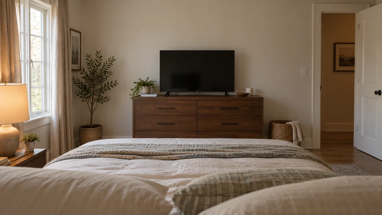 Conceptual bedroom viewed from near the head of the bed, with a television resting on its feet on a dresser across the room.