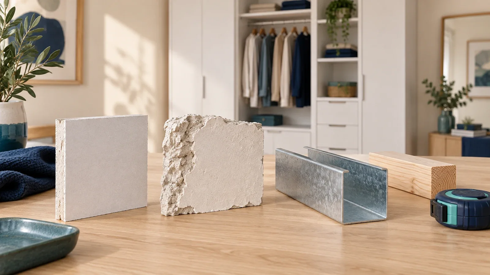 Editorial illustration of gypsum board, plaster and metal framing samples on a workbench with a wardrobe in the background.