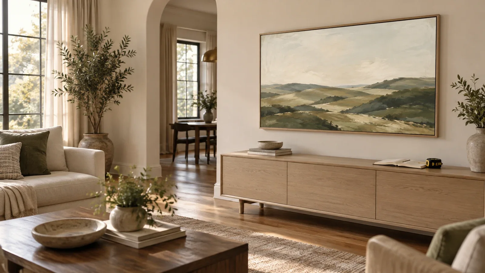 Conceptual living room with a slim wood-bezel art television above an oak console, with a notebook and tape measure ready for installation planning.