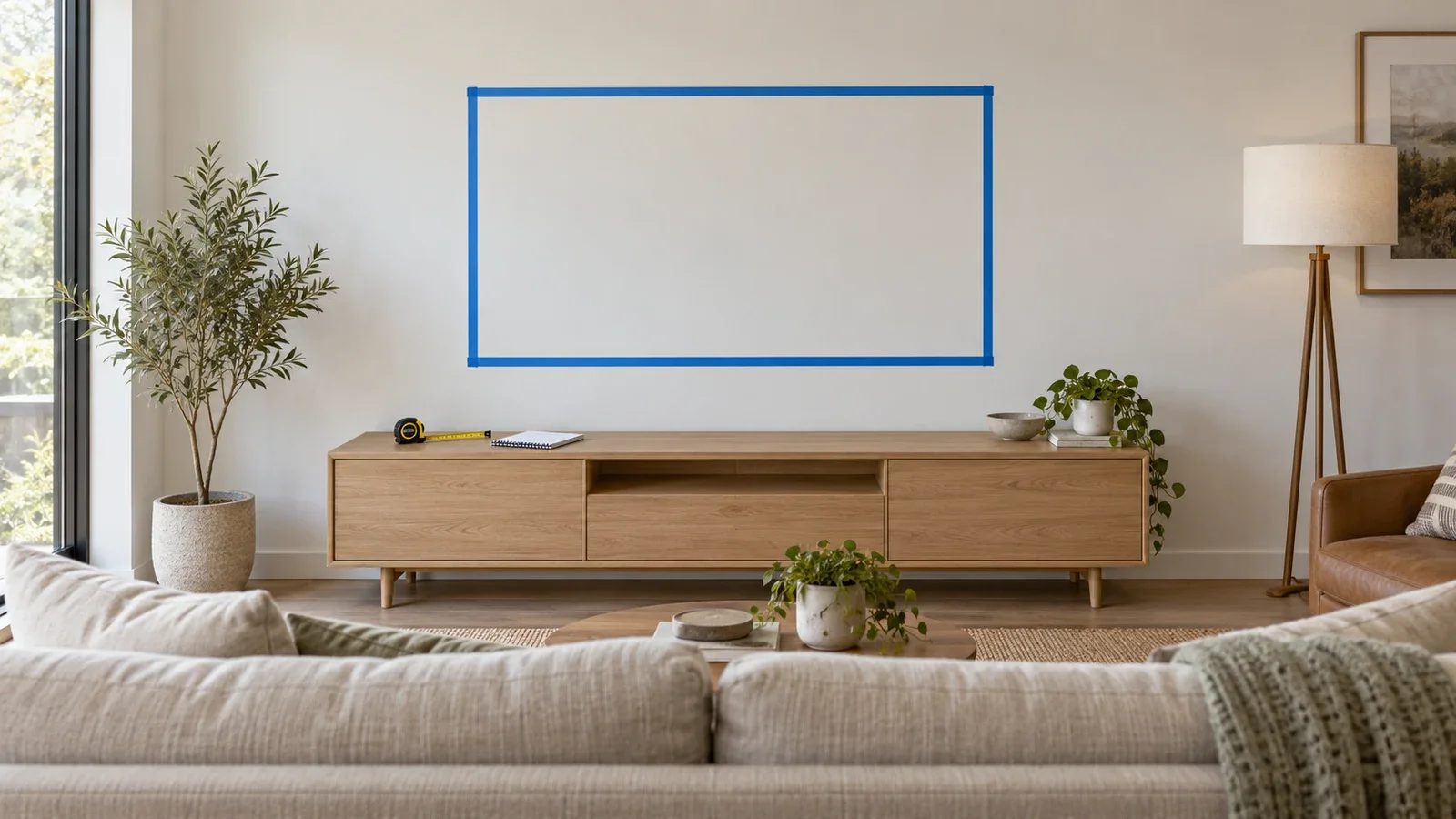 Conceptual living room with a rectangular blue tape outline above a low media console, showing a possible television position before installation.