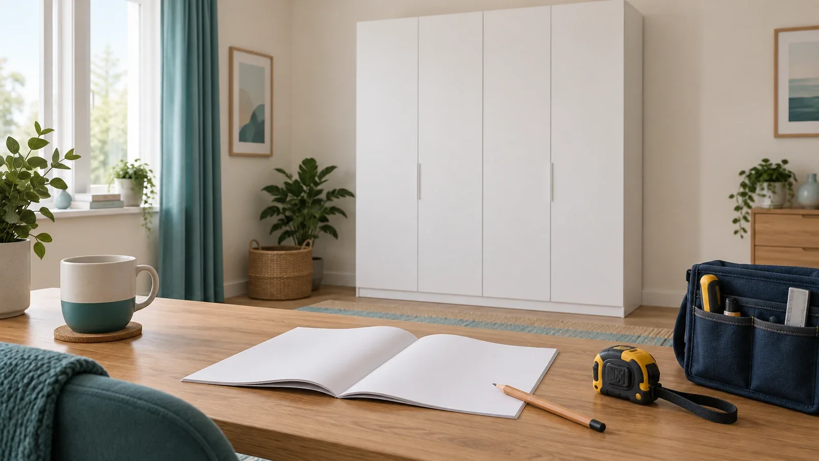 Editorial illustration of an assembly booklet and tools on a desk in front of a white wardrobe against a wall.