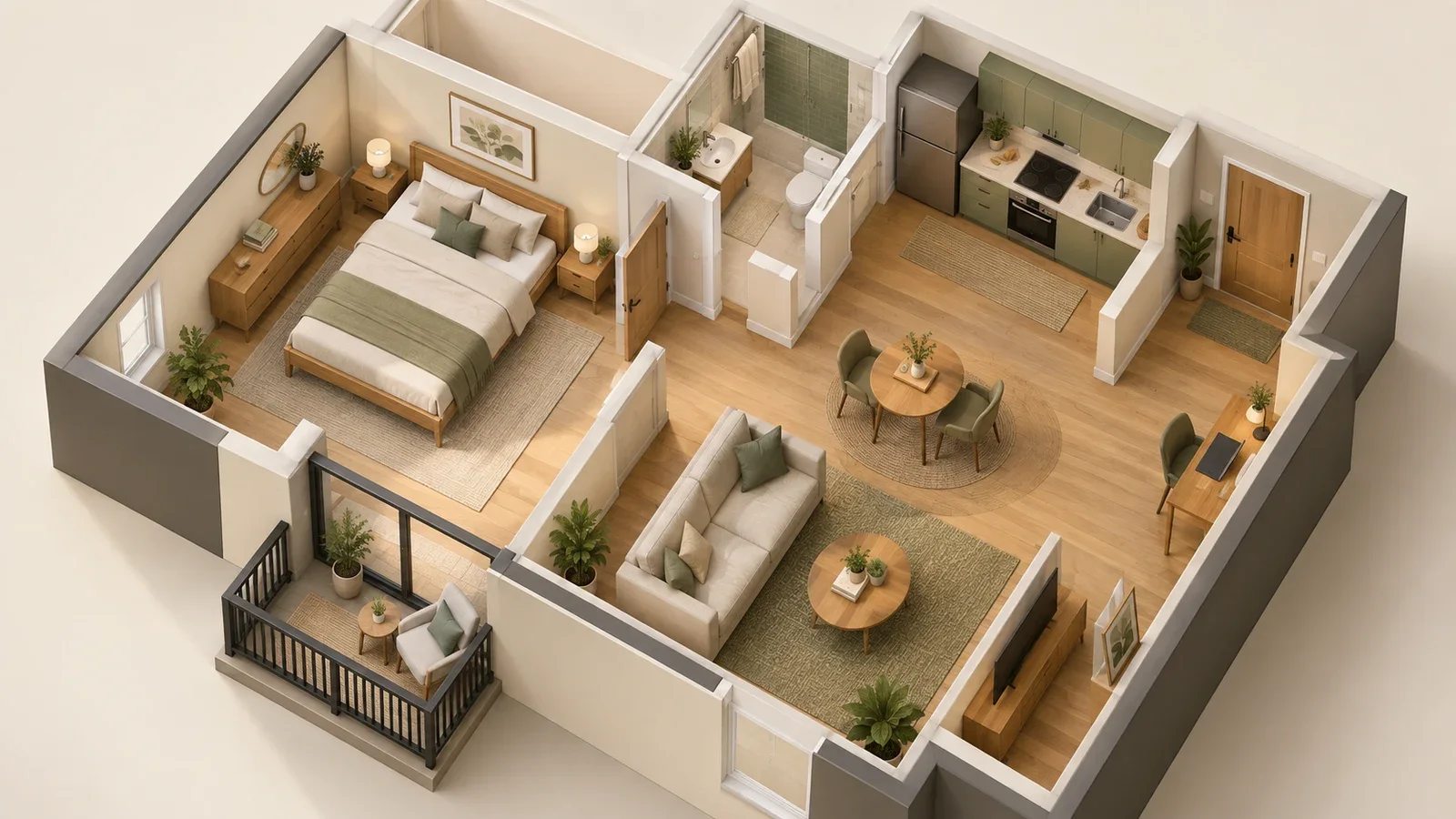 Conceptual cutaway illustration of a furnished apartment with a bedroom, dining area and living room.