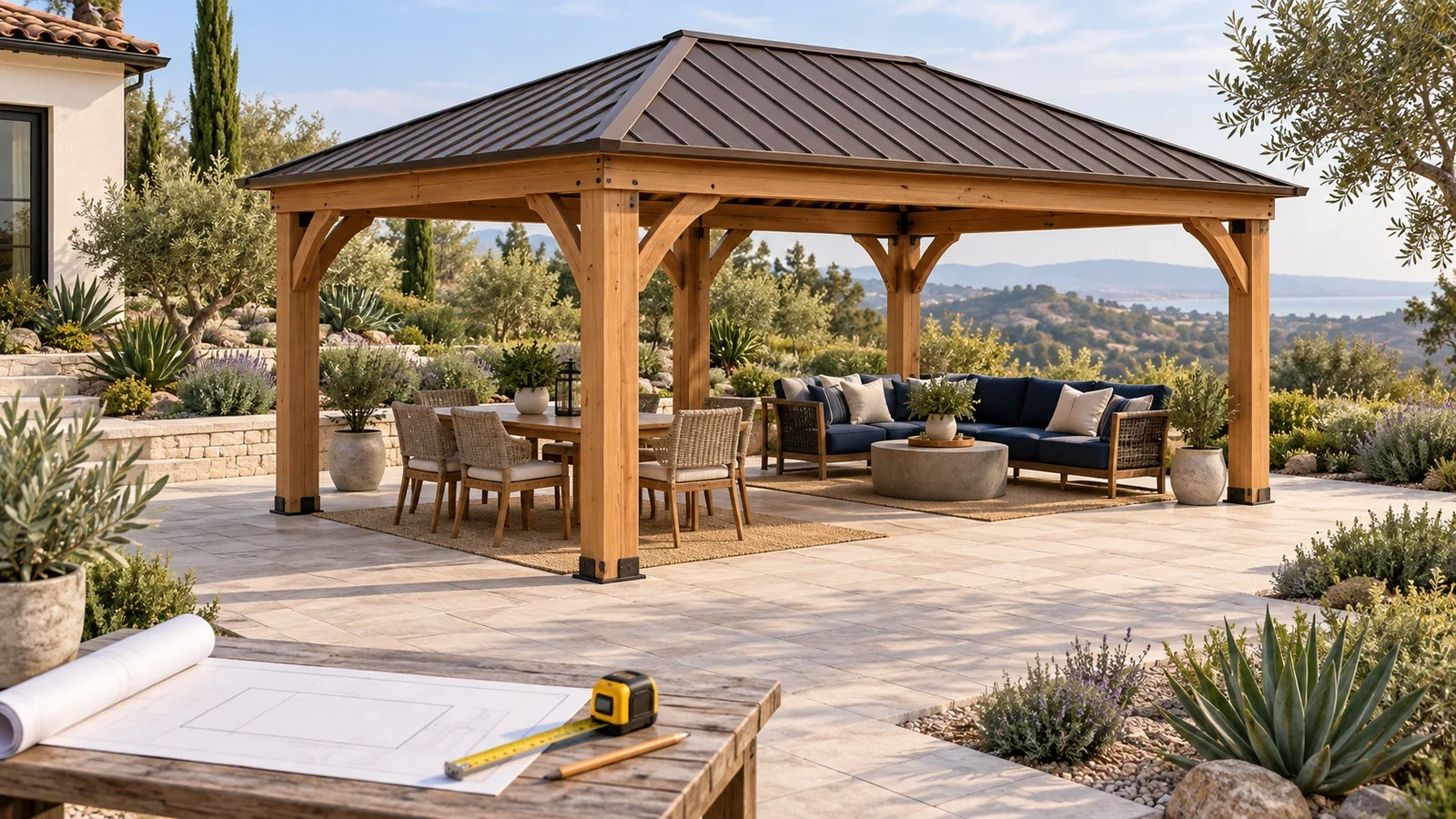 Conceptual cedar gazebo and measuring tools in a landscaped yard; not an exact Yardistry product or a completed UPTask installation.