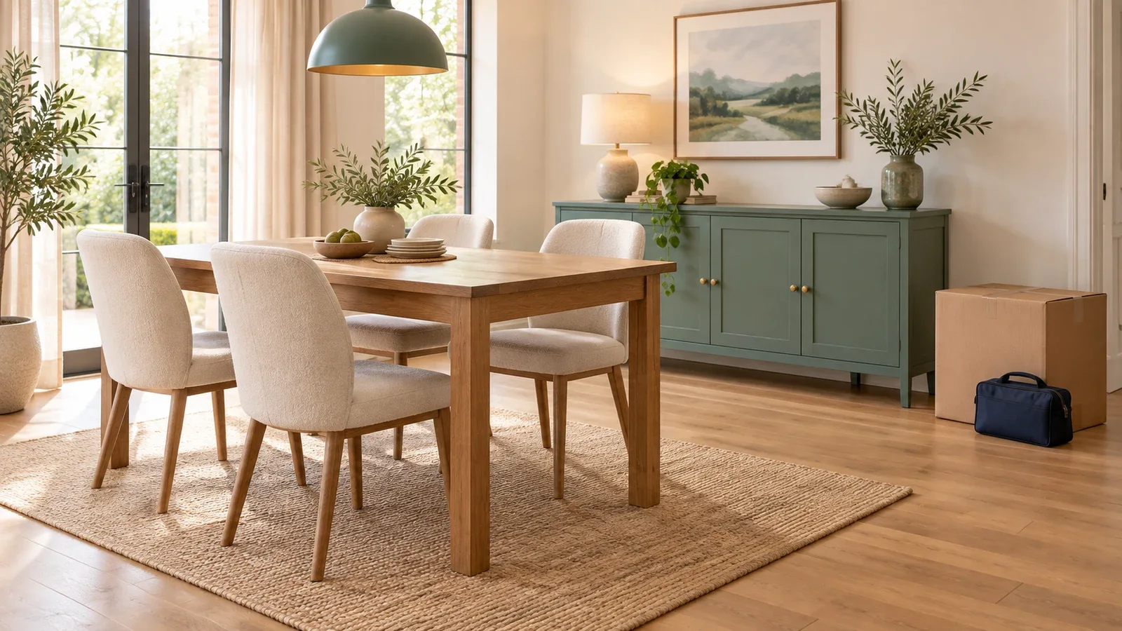 Editorial illustration of a finished sideboard and dining table, with a closed furniture carton and a small tool pouch nearby.