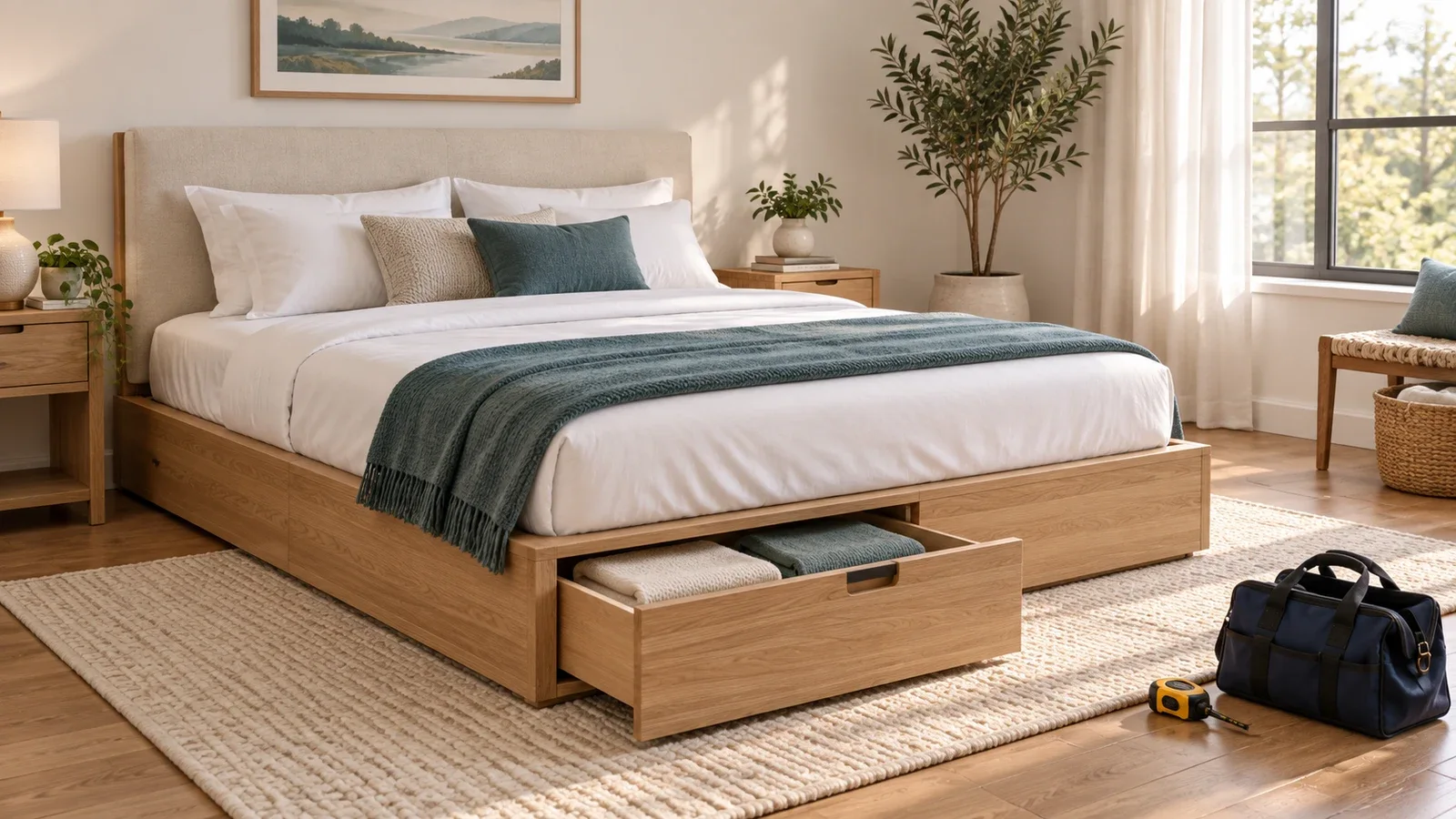 Editorial illustration of an oak platform bed with an under-bed drawer and a tool bag in a bright bedroom.
