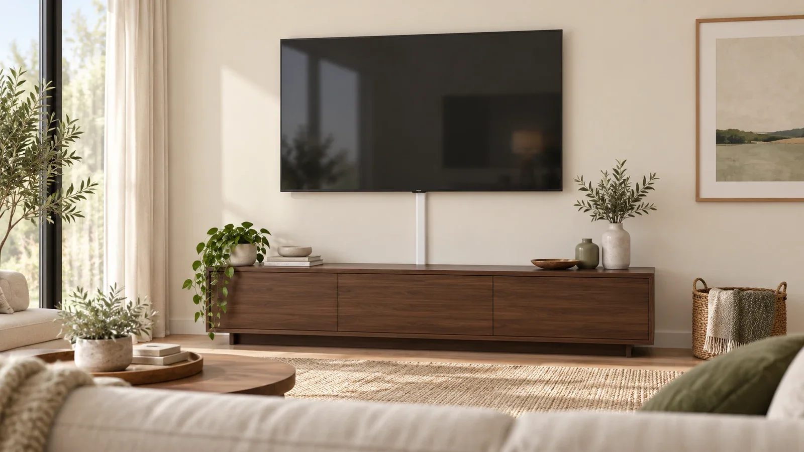 Conceptual living room with a wall-mounted TV above a walnut console and a visible white surface cable cover; not an actual UPTask installation.