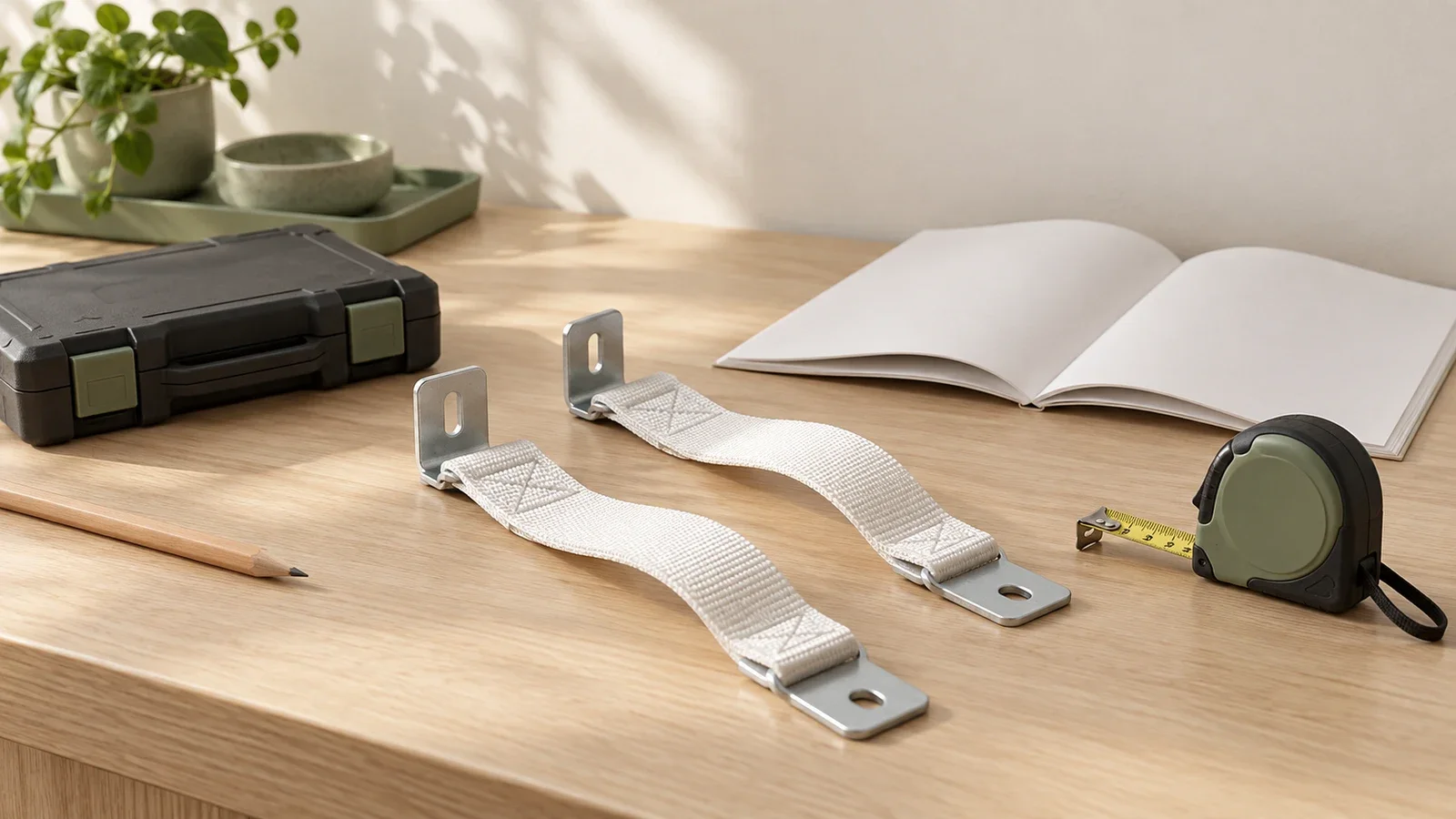 Conceptual preparation scene showing furniture restraint straps, a tape measure, tool case and instruction booklet on a wooden surface.