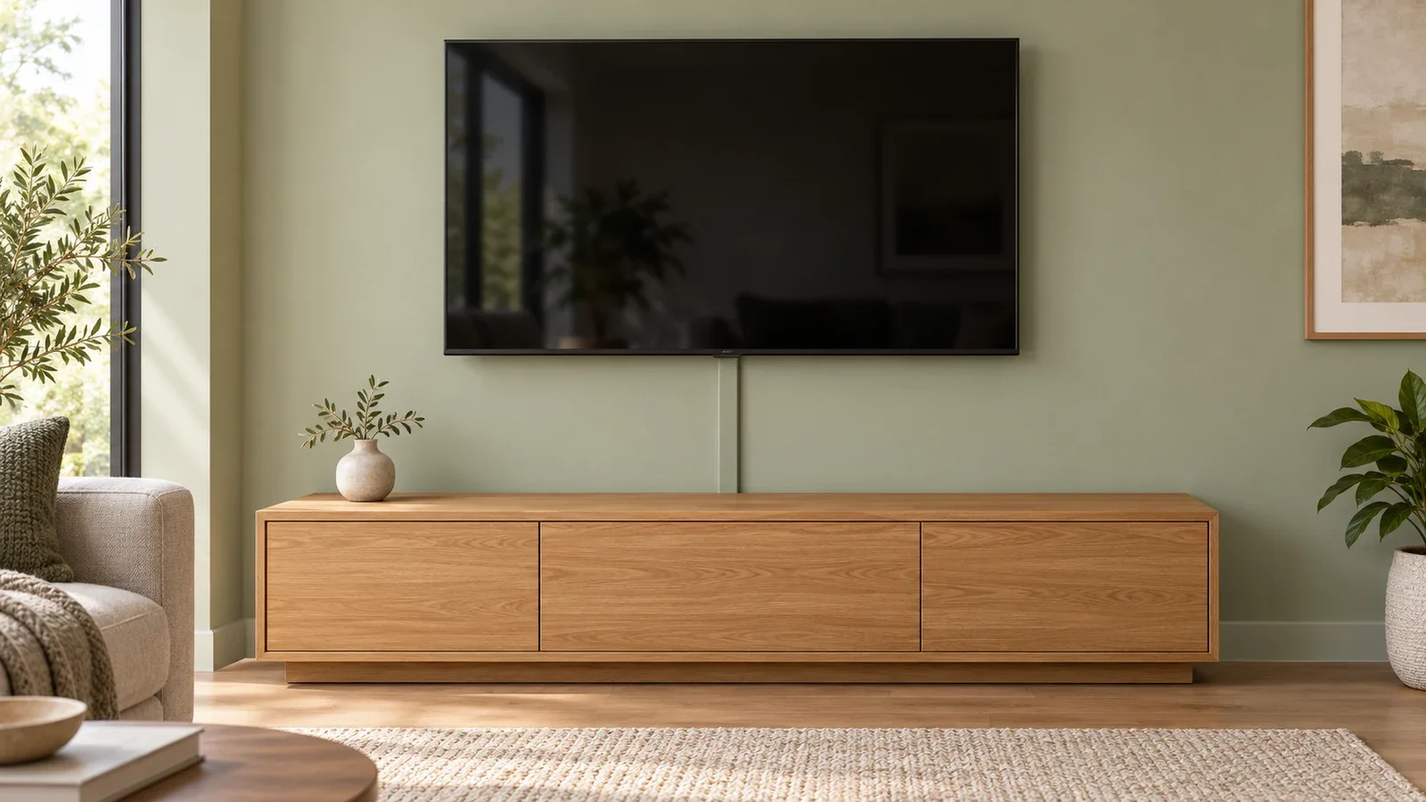 Editorial illustration of a wall-mounted television with a straight surface cord cover leading to a media console.