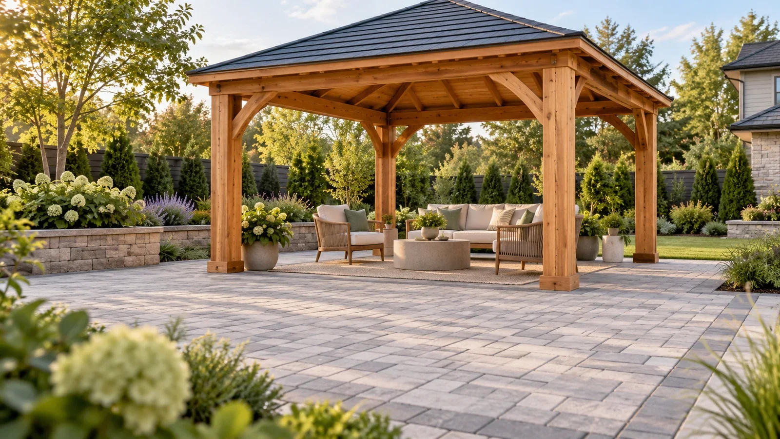 Conceptual illustration of a cedar gazebo over a light gray paver patio; foundation connections are not shown, and this is not an actual UPTask project.