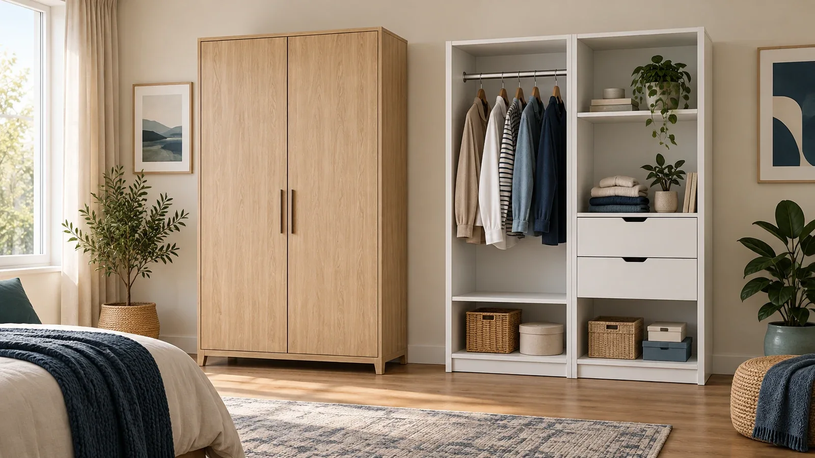 Editorial illustration of a closed hinged wardrobe beside open modular storage in a bright bedroom.