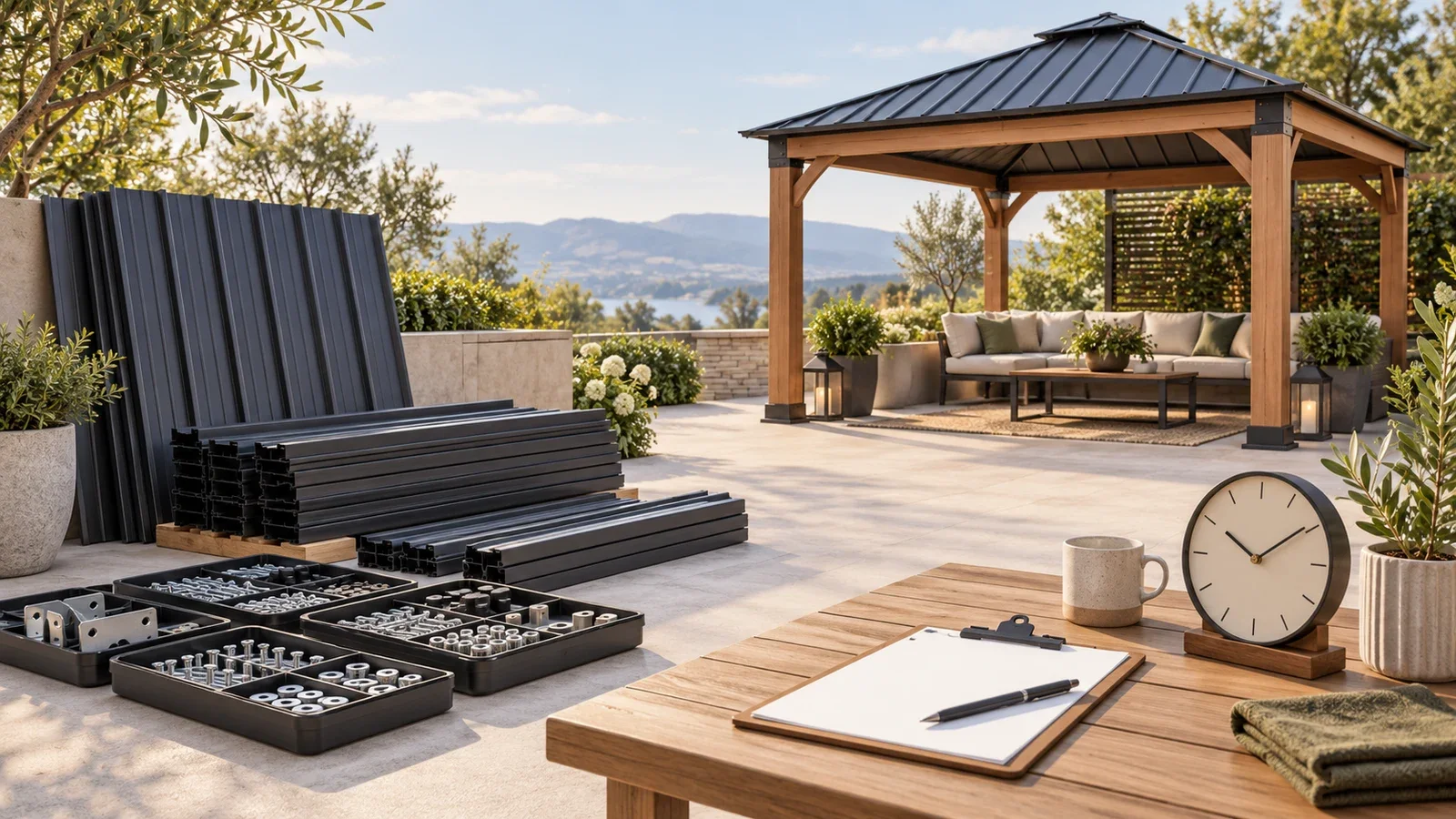Conceptual illustration of organized roof panels and a planning clipboard beside a cedar hardtop gazebo; not a customer project.