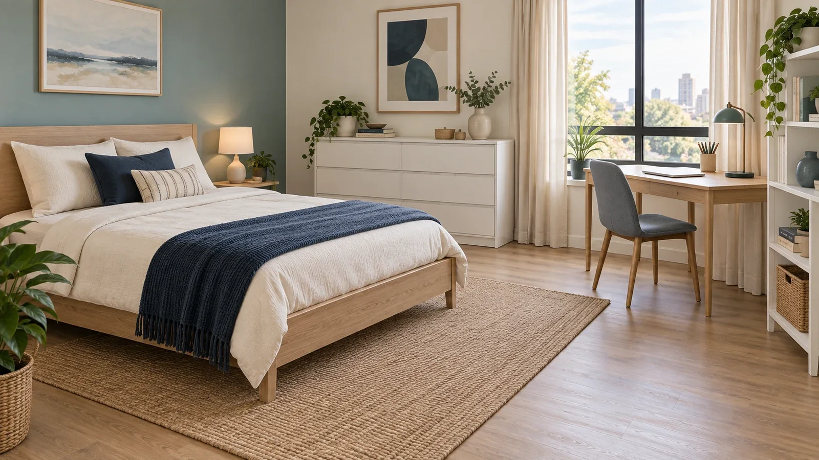 Editorial illustration of a furnished room with a simple bed, dresser, desk and open shelving.