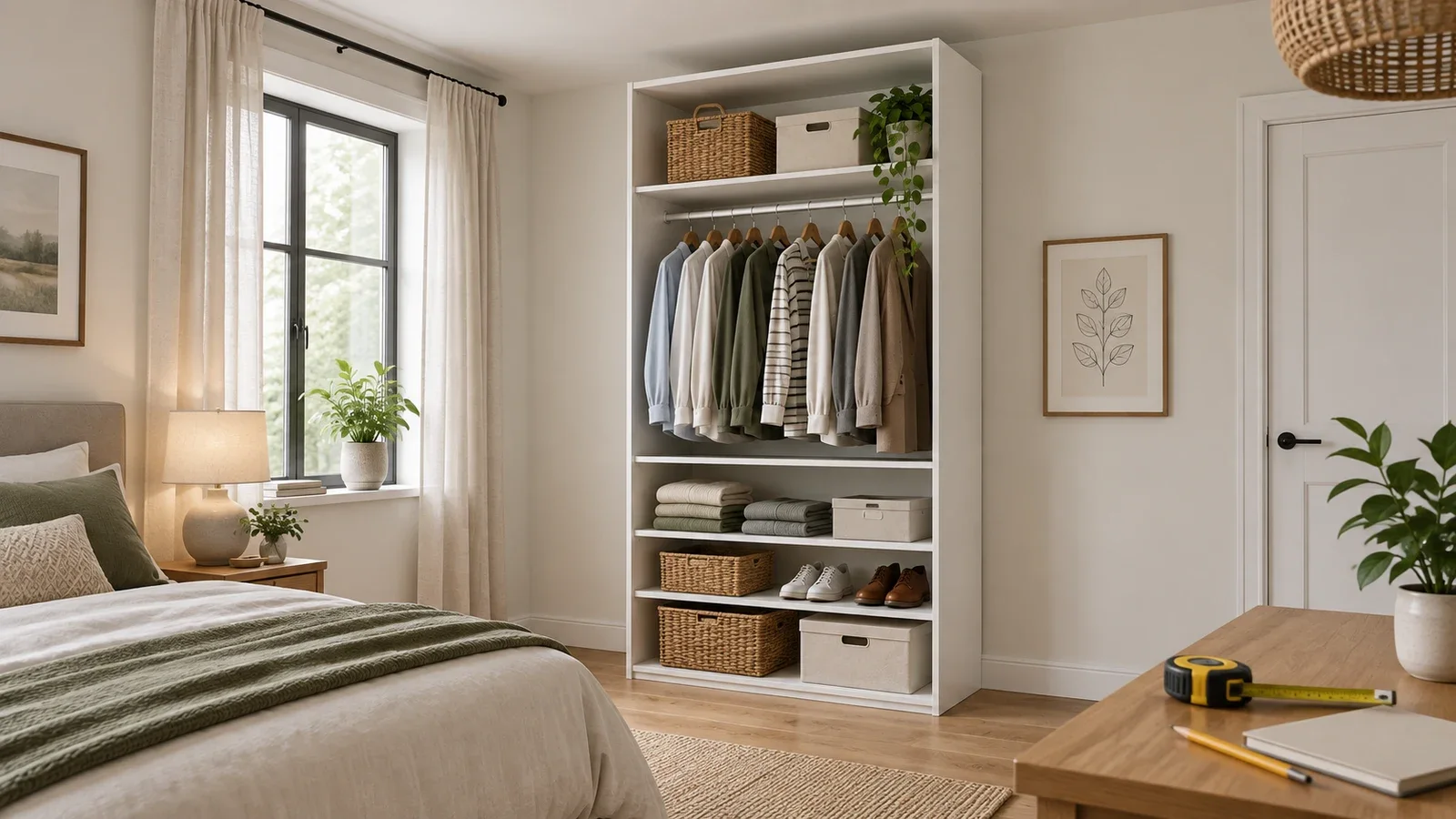 Editorial illustration of a tall white wardrobe with a visible gap beneath a flat ceiling and measuring tools nearby.