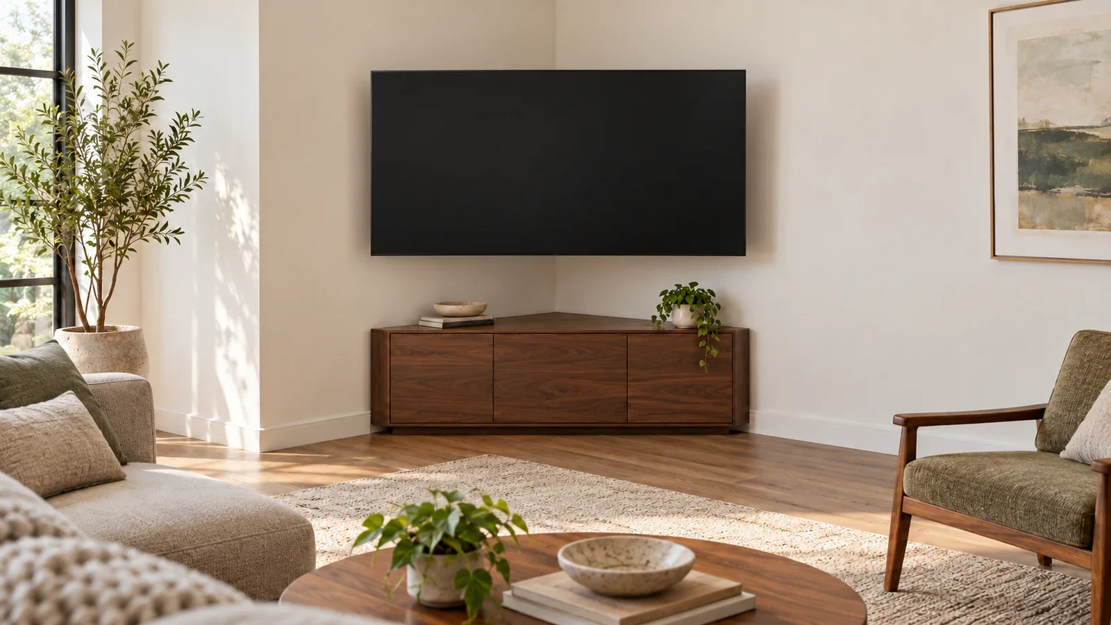 Editorial illustration of a television angled across a room corner above a low media console.