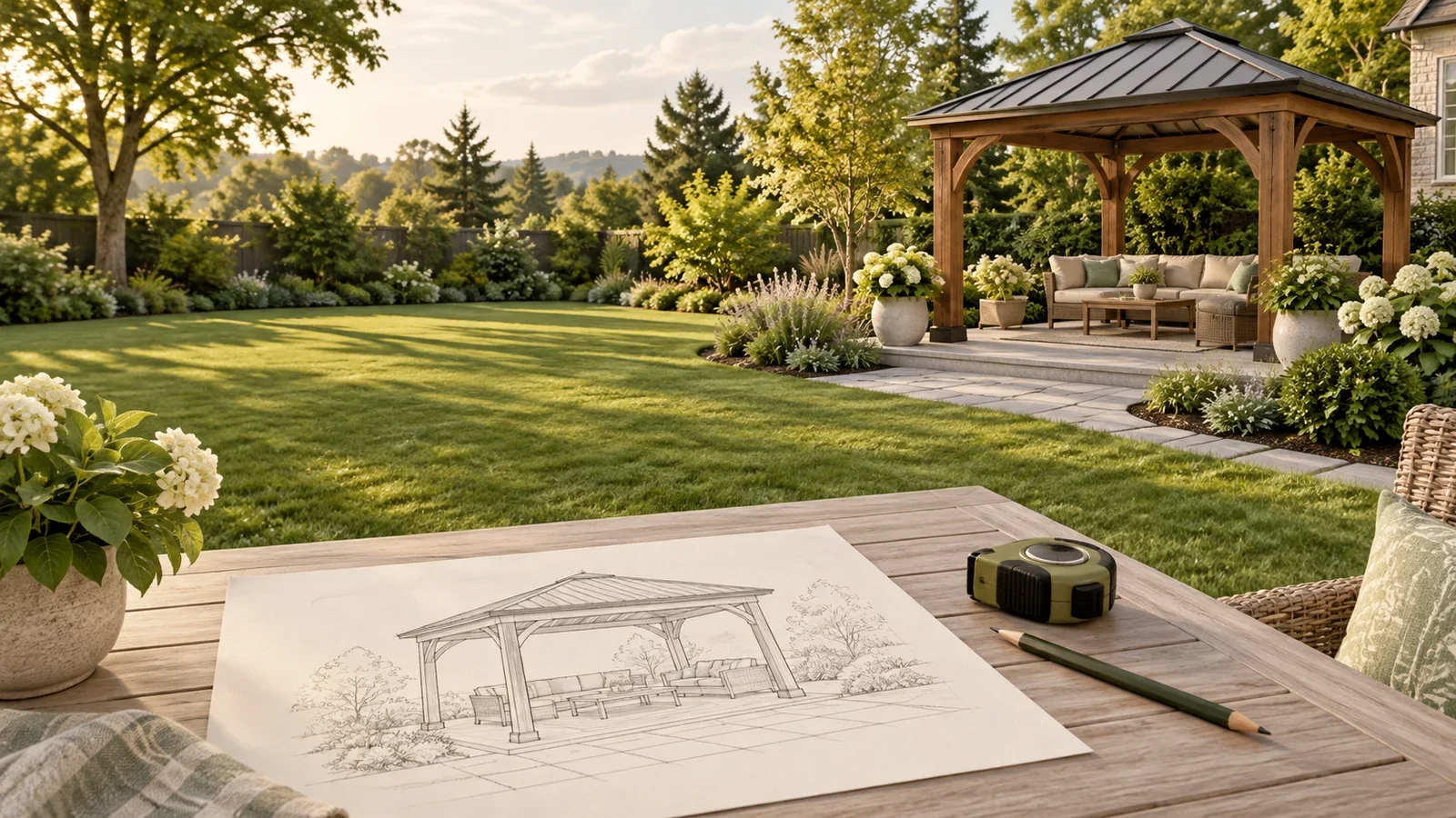Conceptual garden scene with an open lawn, a gazebo plan on a table and a finished gazebo on a prepared patio to one side; not an actual UPTask project.