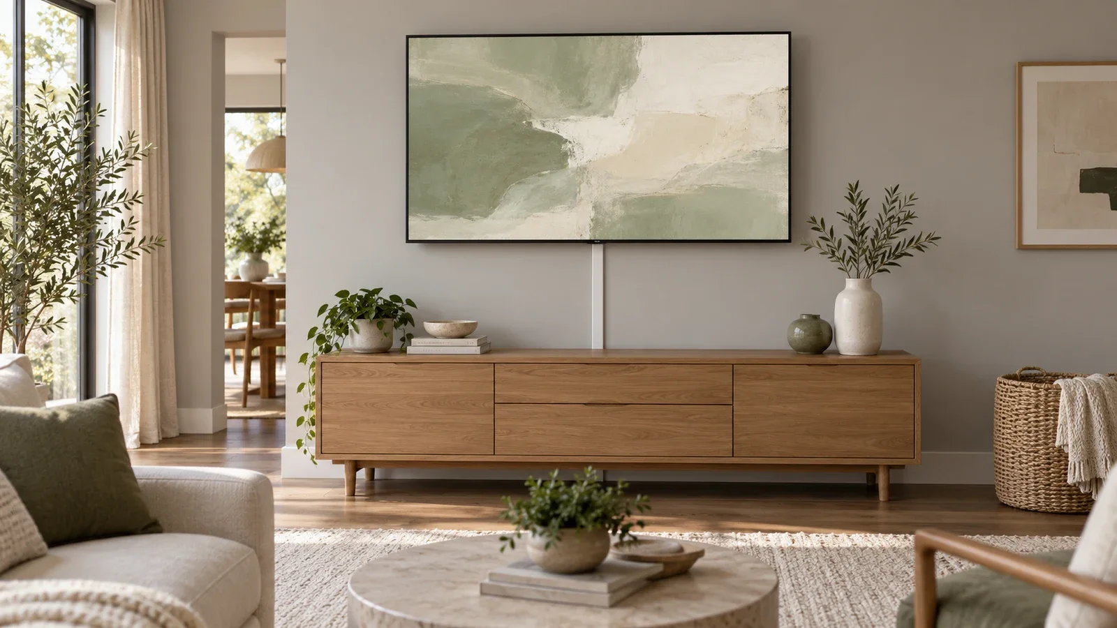 Conceptual living room with a wall-mounted television and a narrow white surface cable cover running down to an oak media console.