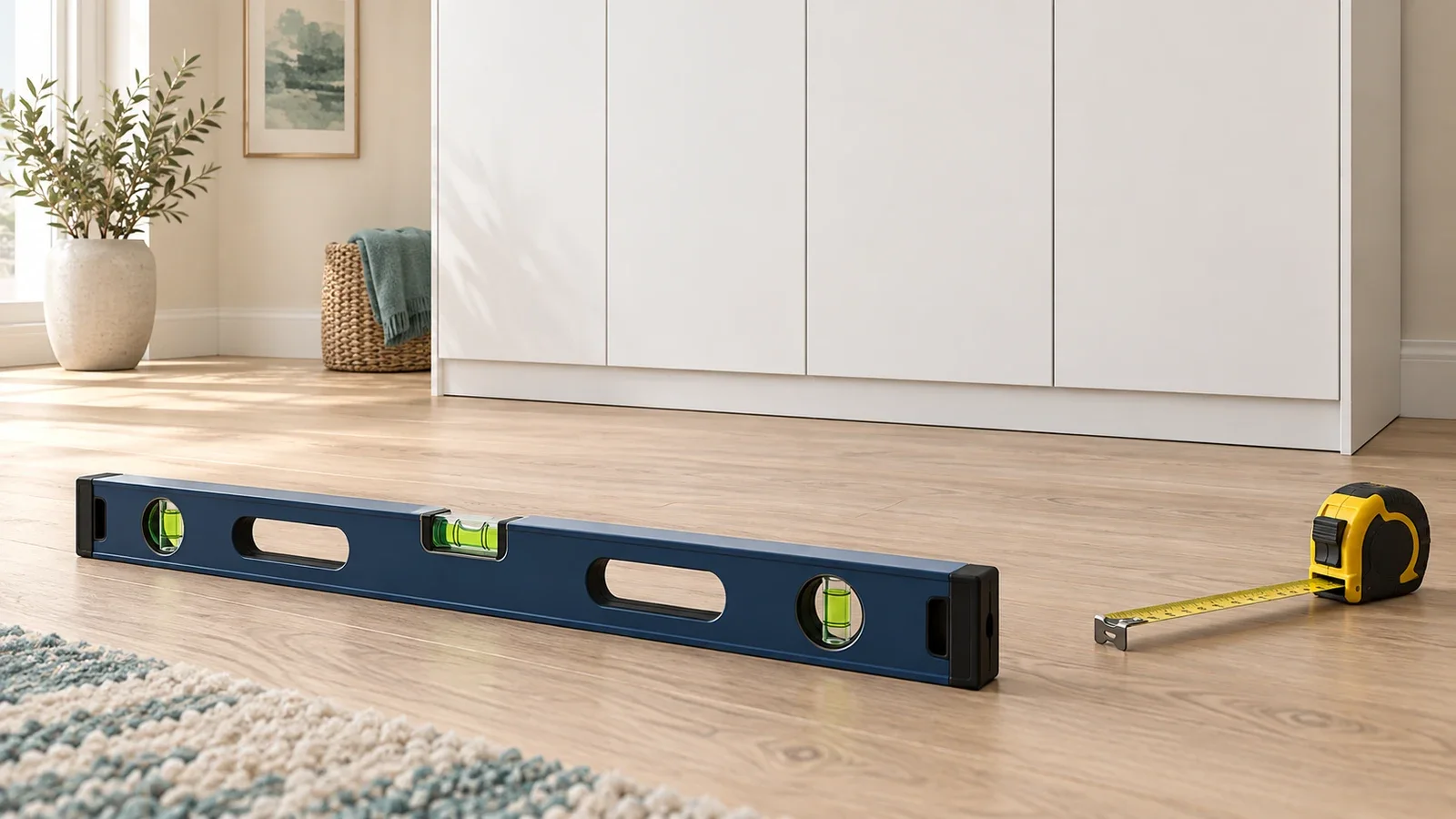 Editorial illustration of a spirit level and tape measure on a wood floor beside a white wardrobe.