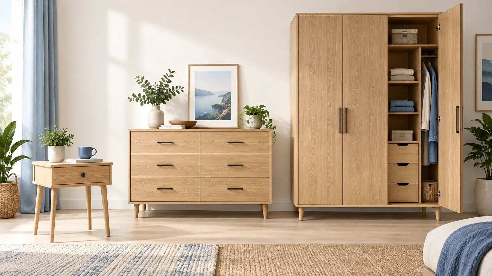 Illustration of a small nightstand, six-drawer dresser, and tall wardrobe showing different furniture sizes.