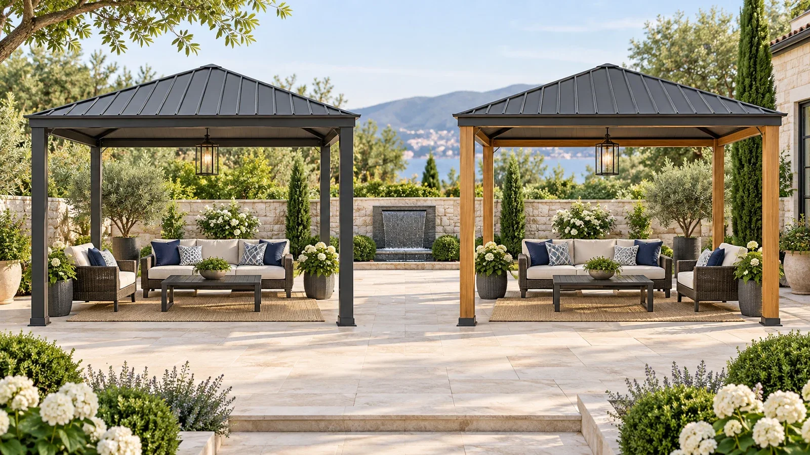 Conceptual side-by-side illustration of metal-post and cedar-post gazebos with metal hardtop roofs; not customer installations.