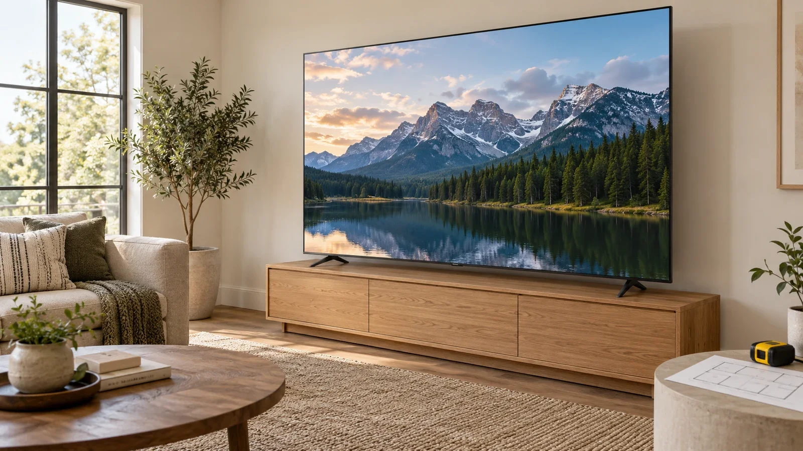 Conceptual living room with a large television resting on its own feet on a wide oak console, with a tape measure and room plan nearby.