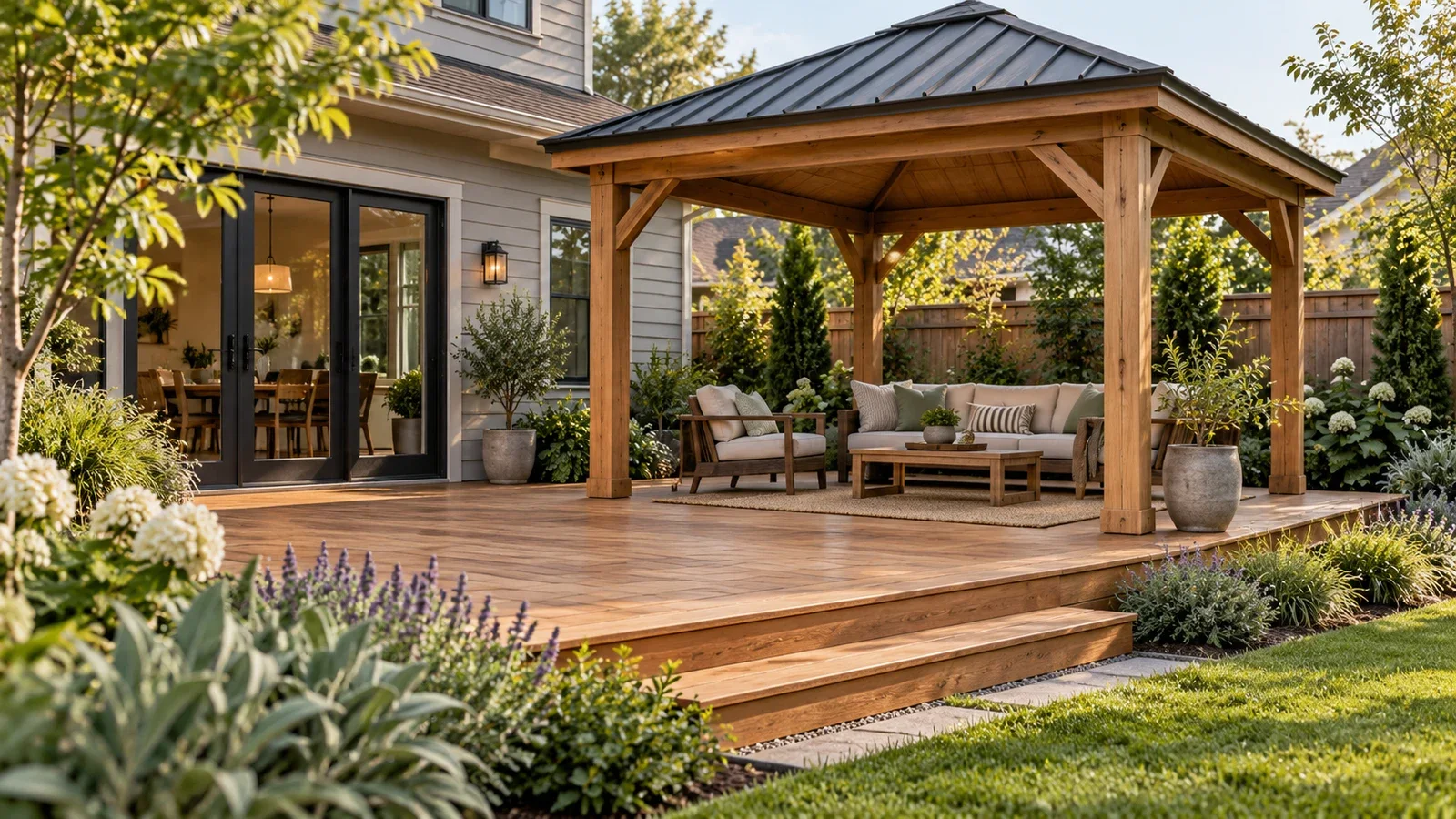 Conceptual illustration of a cedar gazebo on a low backyard wood deck beside a house; not an actual UPTask installation or a structural design.