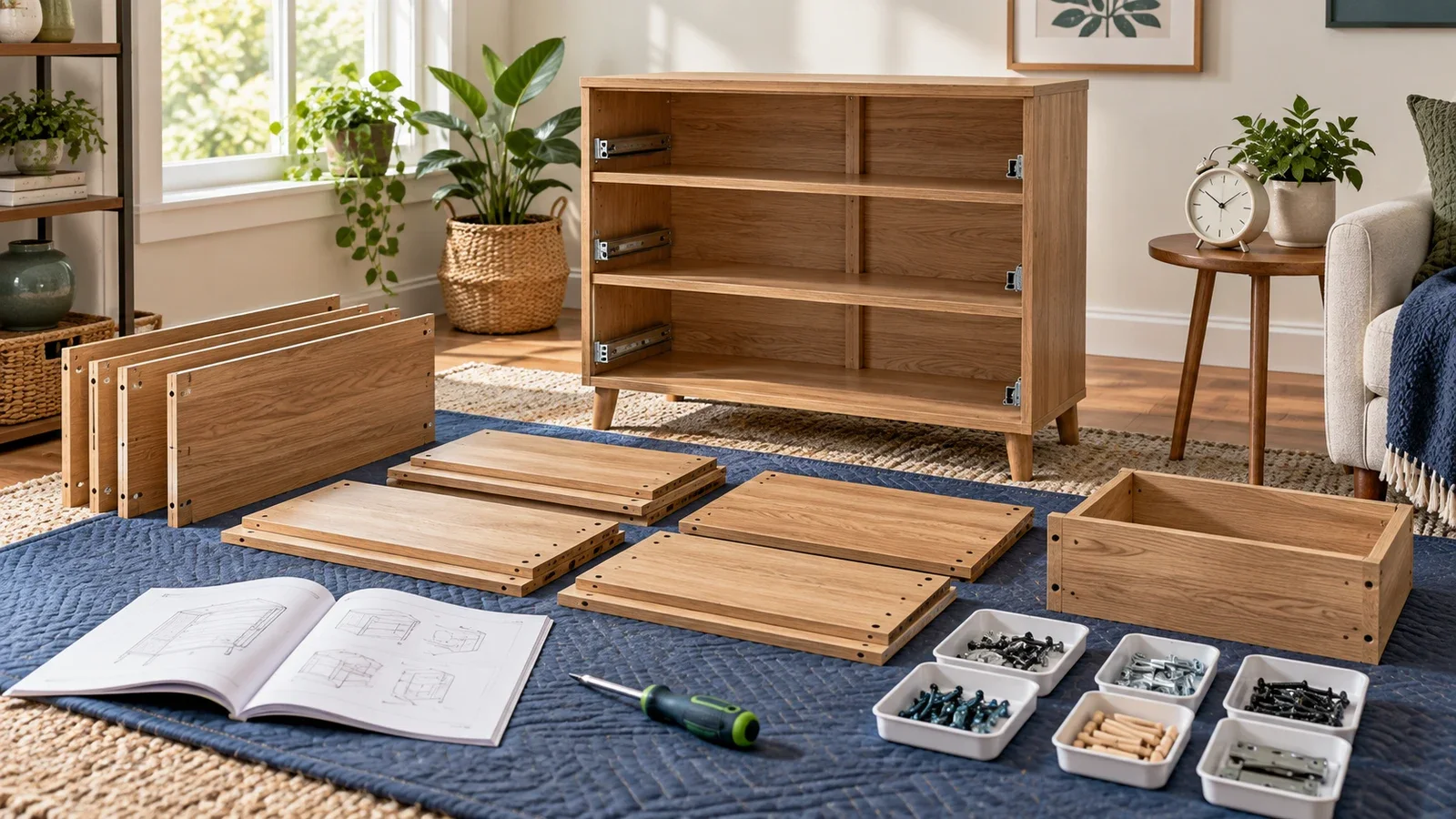 Editorial illustration of dresser components organized for assembly beside instructions, tools, and a clock.