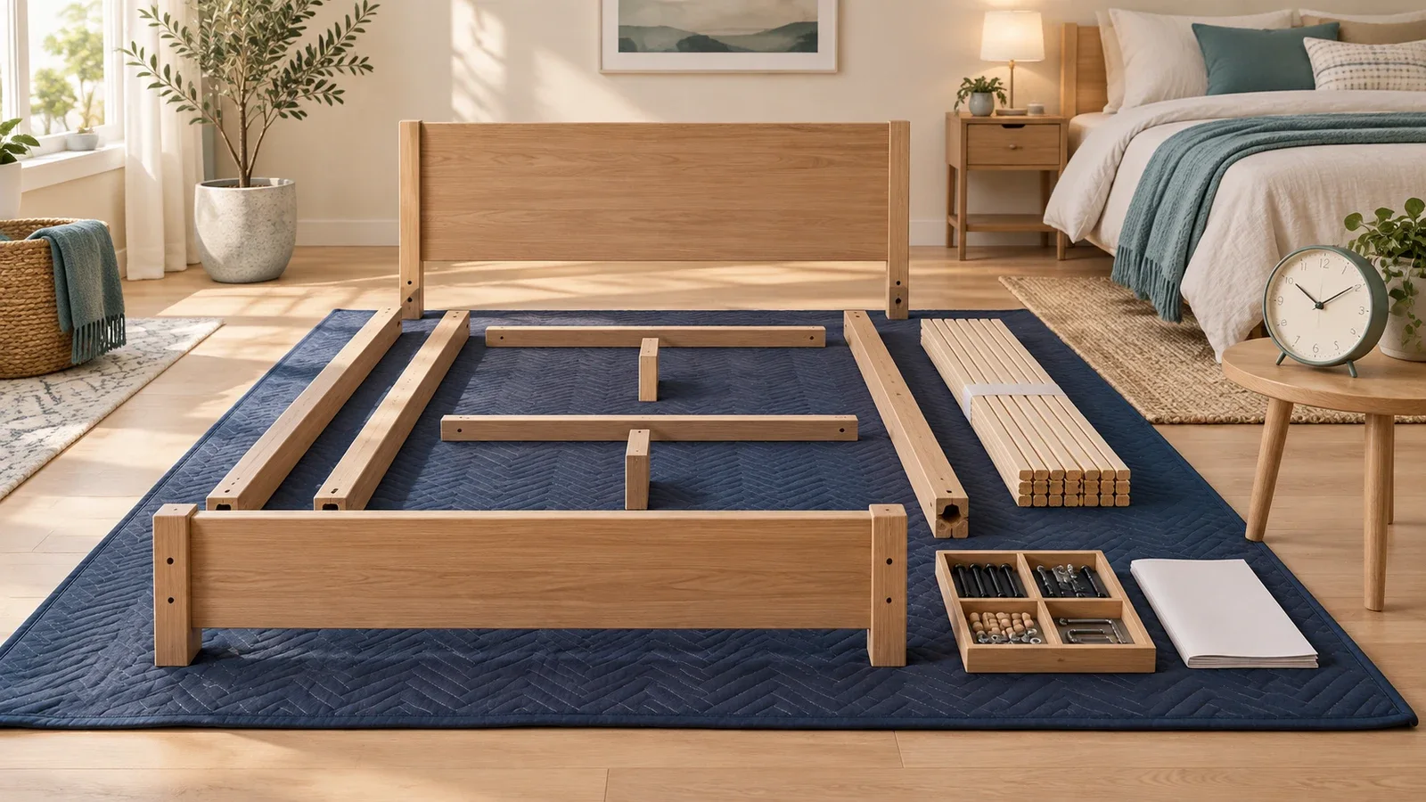 Editorial illustration of bed components arranged on a protective blanket with instructions, hardware and a clock nearby.