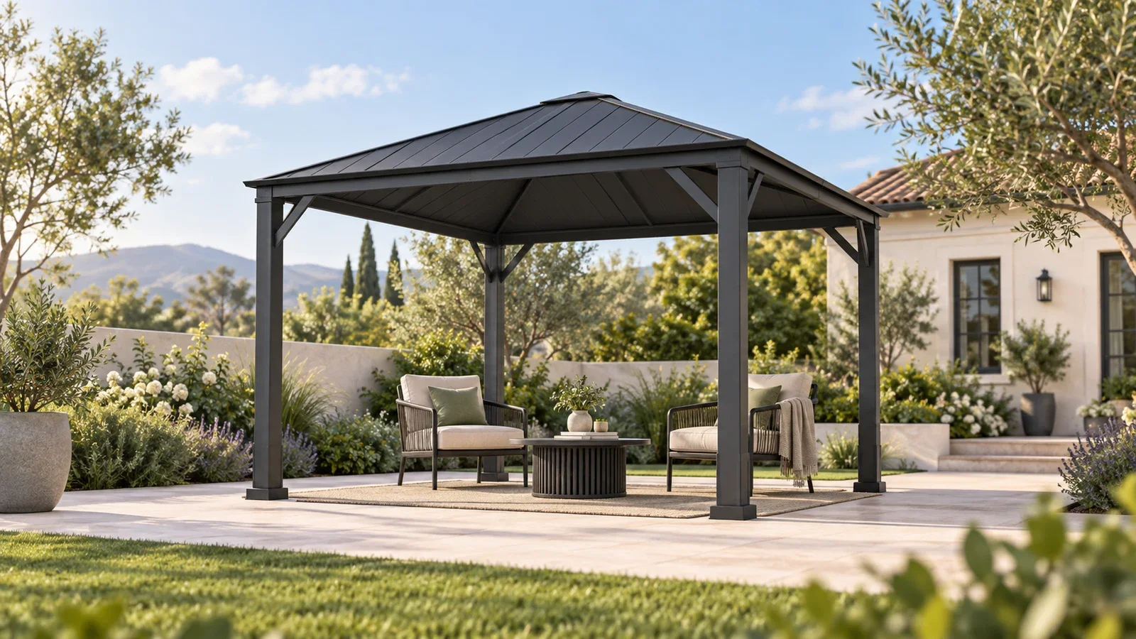 Conceptual illustration of a charcoal hardtop gazebo with patio seating in a landscaped backyard; not a completed customer project.