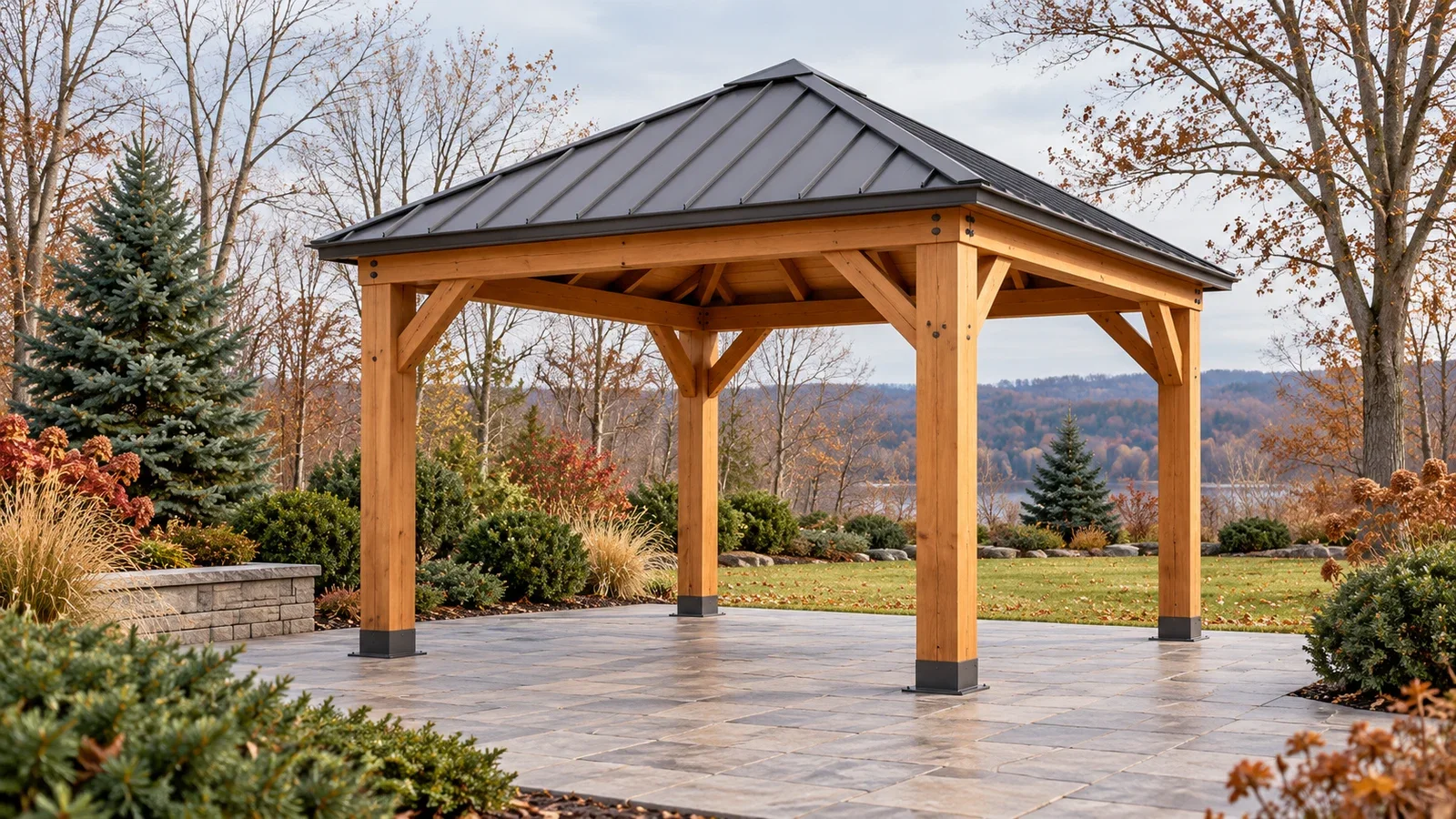 Conceptual hardtop gazebo with an empty interior and clear roof in a quiet late-autumn garden.