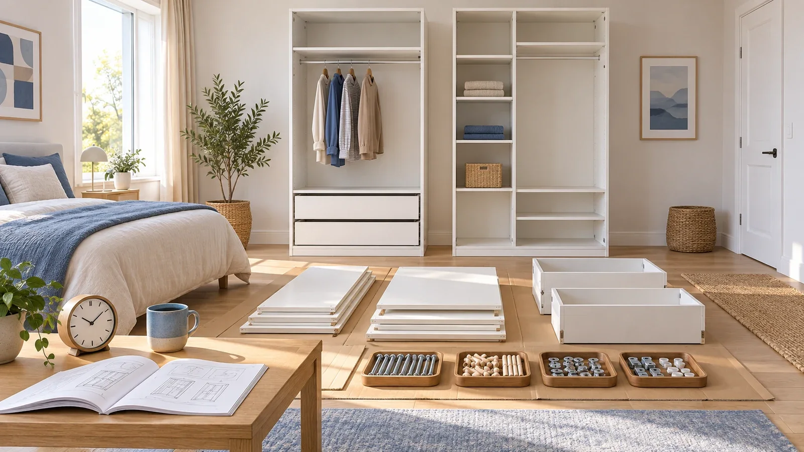 Editorial illustration of a clear wardrobe assembly workspace with organized shelves, drawers, instructions, and a clock.