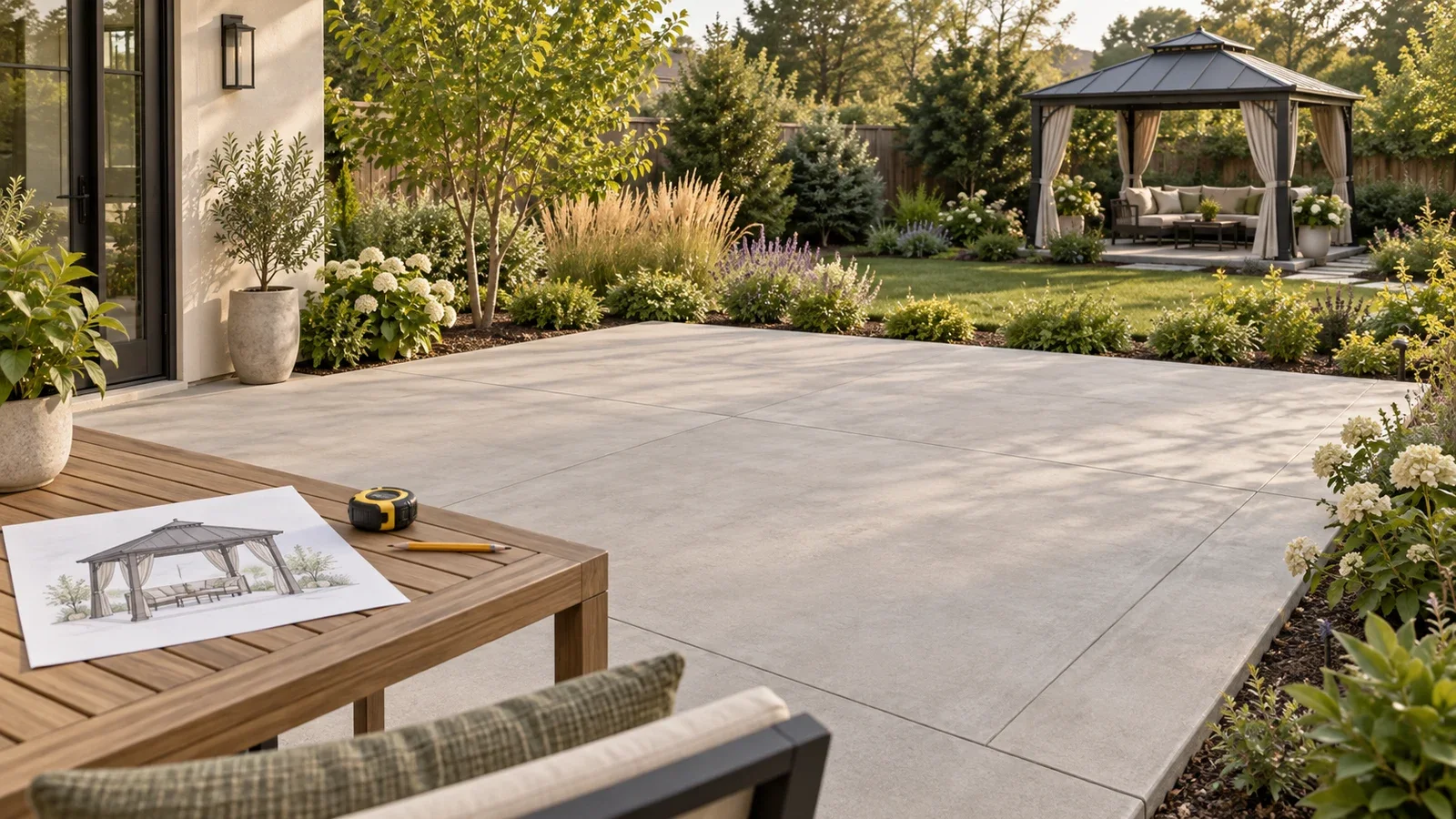 Conceptual illustration of an empty concrete patio with a gazebo plan on a nearby table and a gazebo in the distance; not an actual UPTask site.