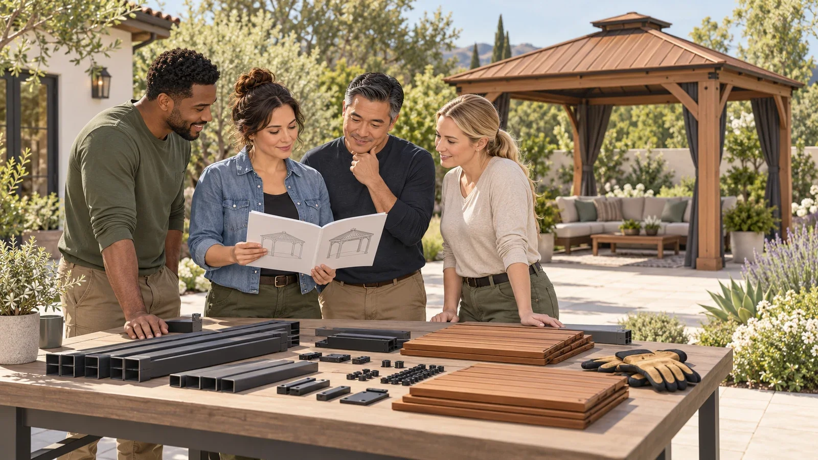 Conceptual illustration of four adults reviewing assembly instructions at a worktable, with a gazebo behind them; not an actual UPTask crew.