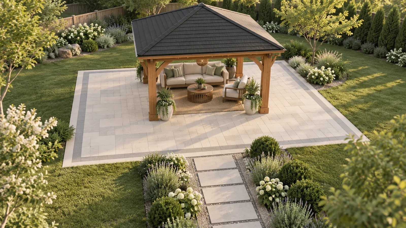 Conceptual illustration of a cedar gazebo on a paved patio surrounded by garden beds; the image does not depict its hidden foundation or an actual UPTask project.