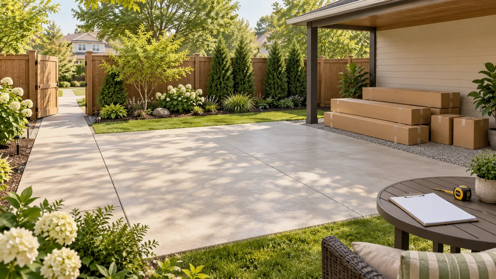 Conceptual illustration of an empty prepared patio, a clear gate access path and unopened kit cartons in a covered staging area; not an actual UPTask appointment.