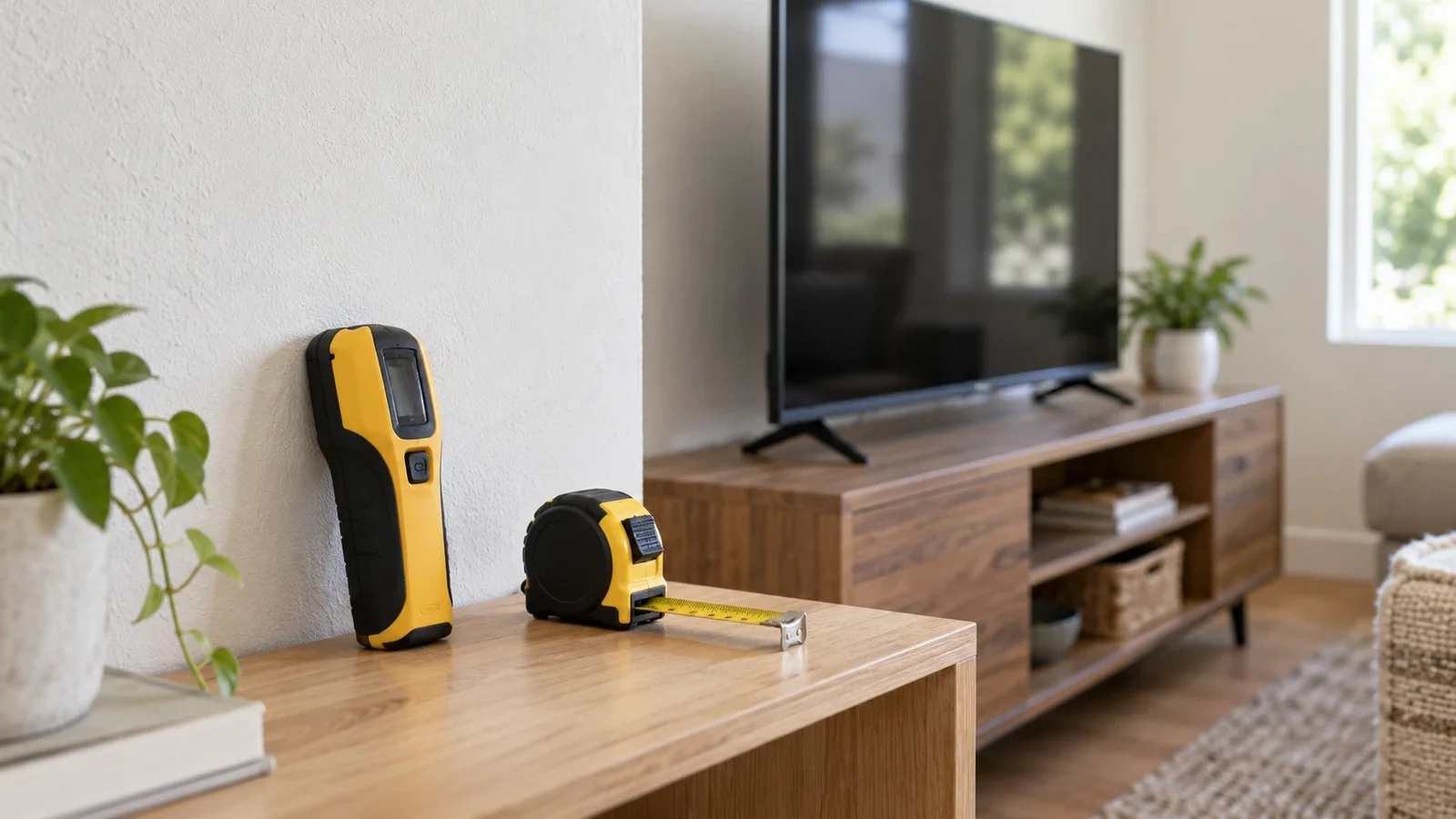 Conceptual room with a stud finder and tape measure on a wood table beside a painted wall and a television resting on a console.