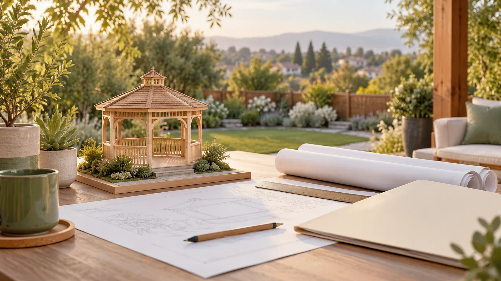 Conceptual planning illustration with a gazebo scale model, drawings and a blank folder on a garden table; not an approved permit or an actual UPTask project.