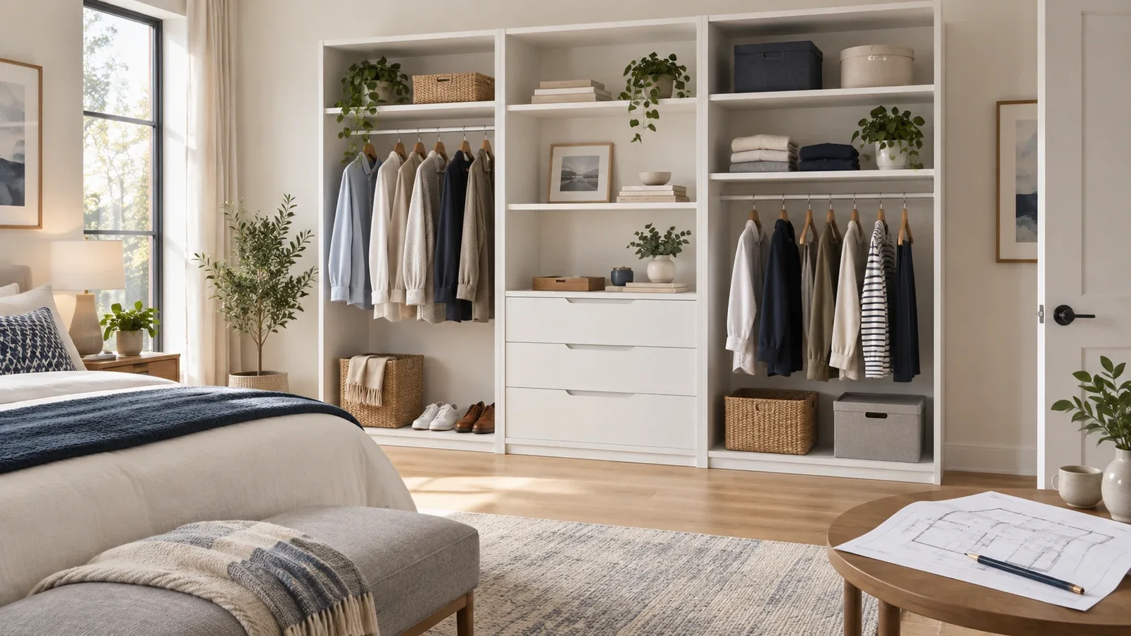 Editorial illustration of a three-section open wardrobe with shelves, drawers, and hanging space in a bright bedroom.