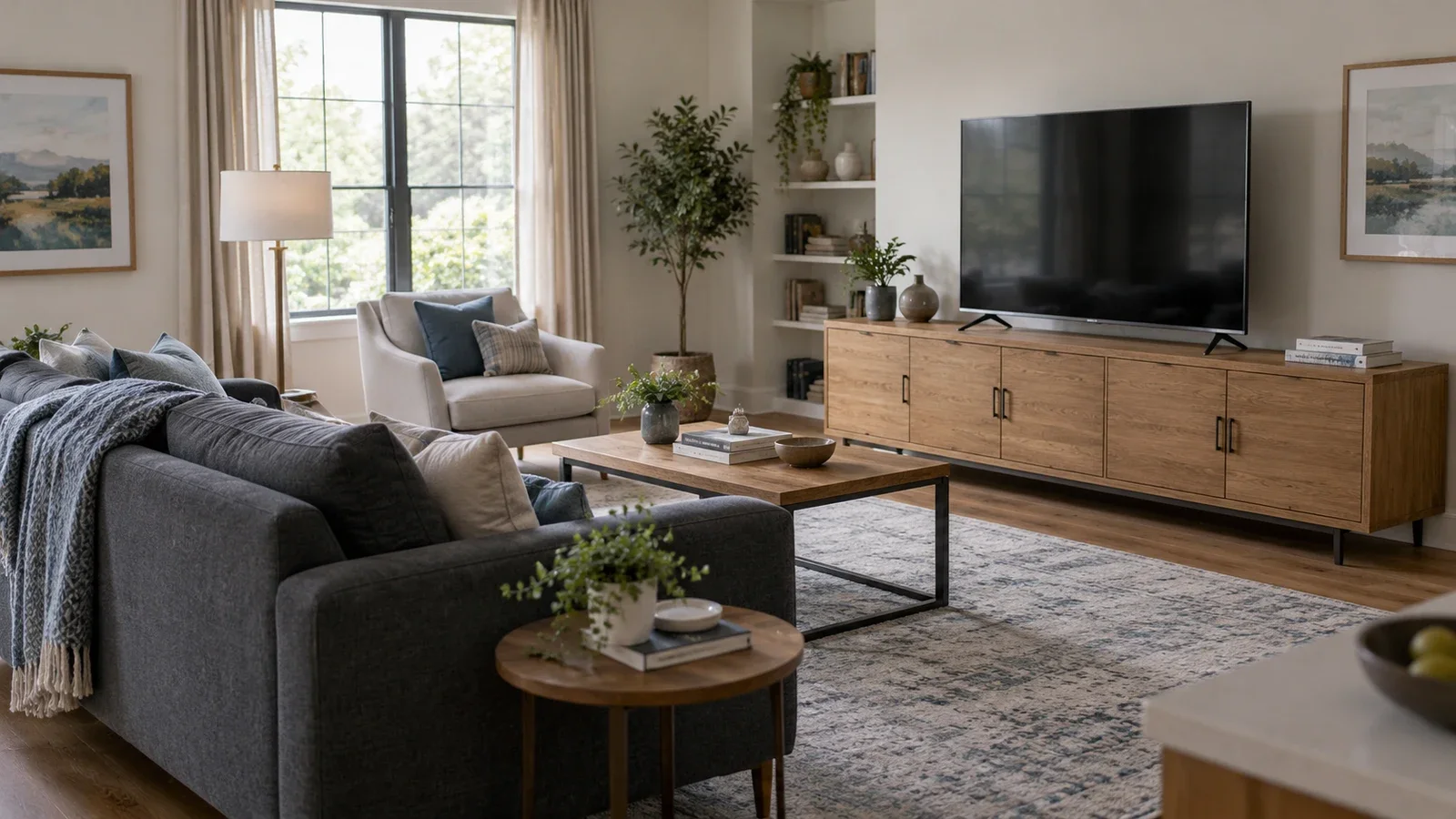 Conceptual living room with a sofa and angled accent chair facing a television resting on its own feet on an oak console.