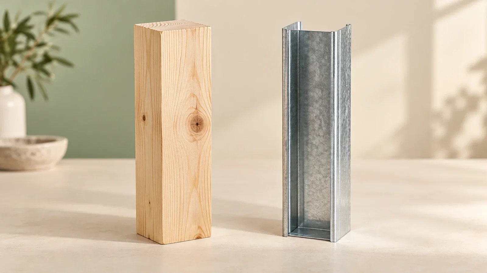 Conceptual studio illustration comparing a solid wood framing sample with a thin C-shaped steel stud; not an actual UPTask installation.