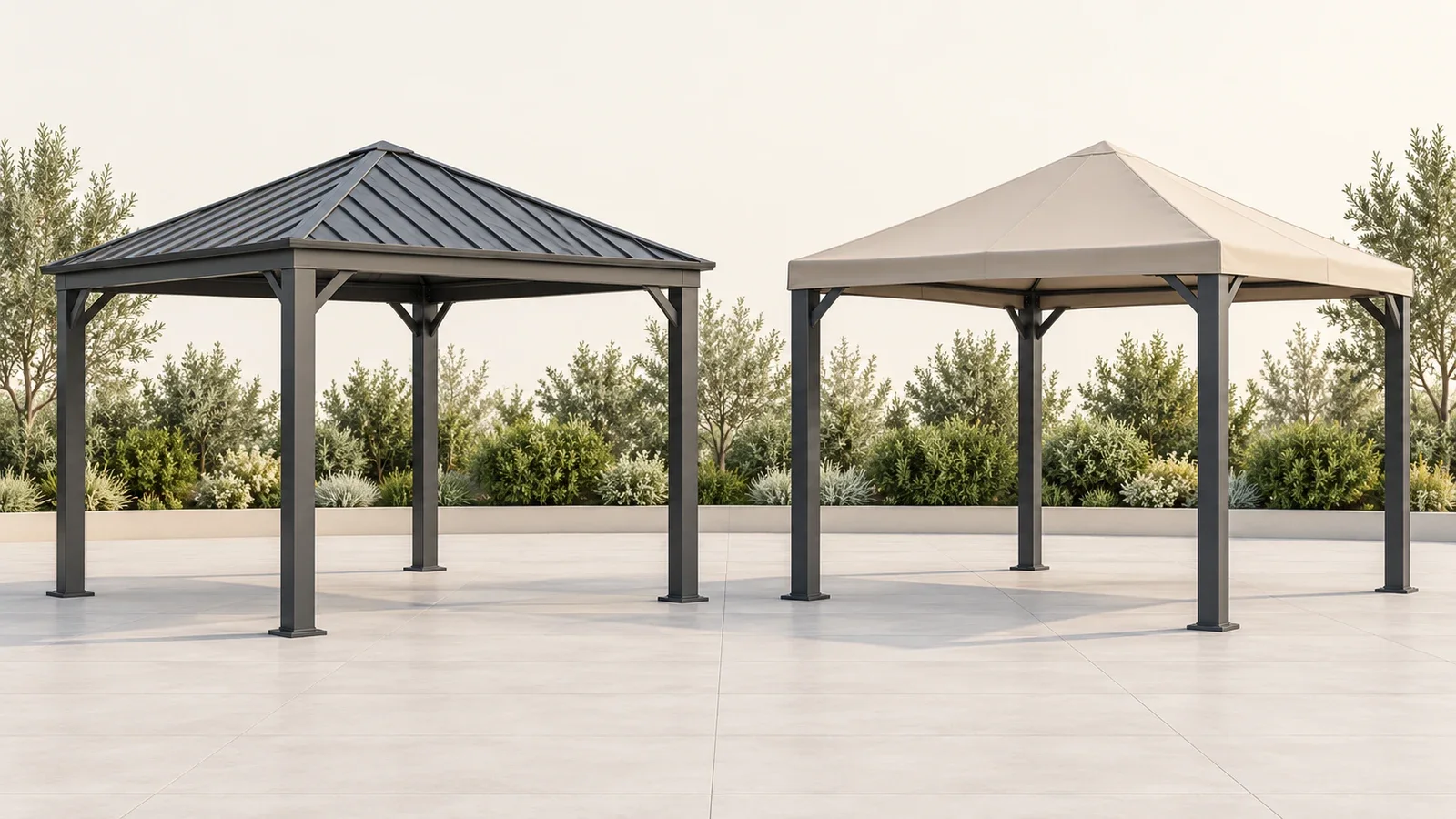 Two conceptual gazebos side by side, one with a ribbed metal roof and one with a beige fabric canopy.