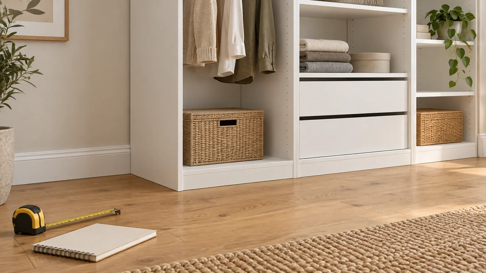 Editorial illustration of the lower part of a white wardrobe beside wall baseboard trim, with a tape measure on the wood floor.