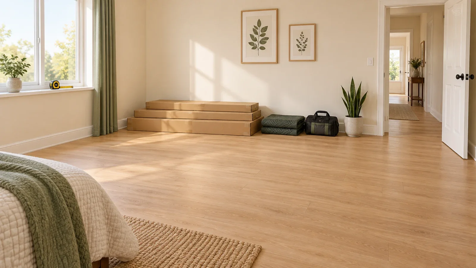 Conceptual illustration of a bedroom with clear central floor space, unopened furniture cartons and an unobstructed doorway.